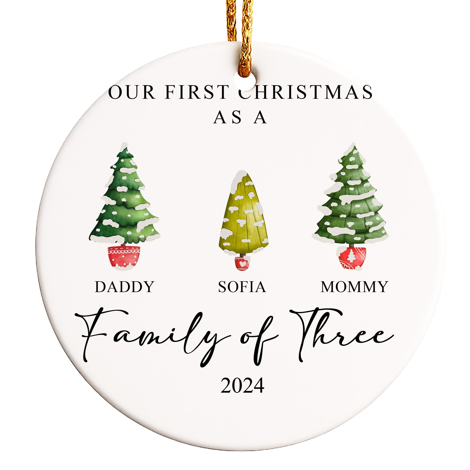 Personalized Family of Three Christmas Ornament 2024 – Customized Ceramic Holiday Keepsake with Hand-Painted Trees and Text - Image 1