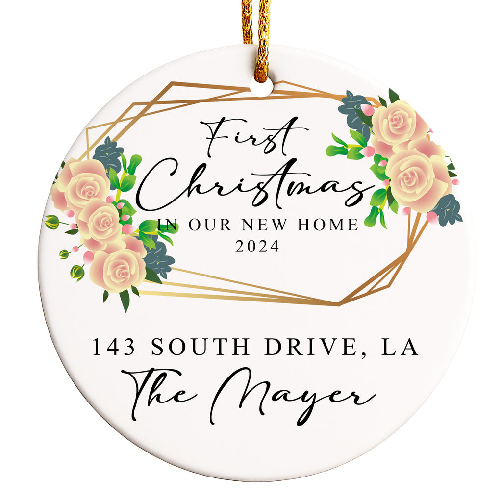 Personalized First Christmas in New Home 2024 Ceramic Ornament – Handcrafted Keepsake with Elegant Floral Design - Image 1