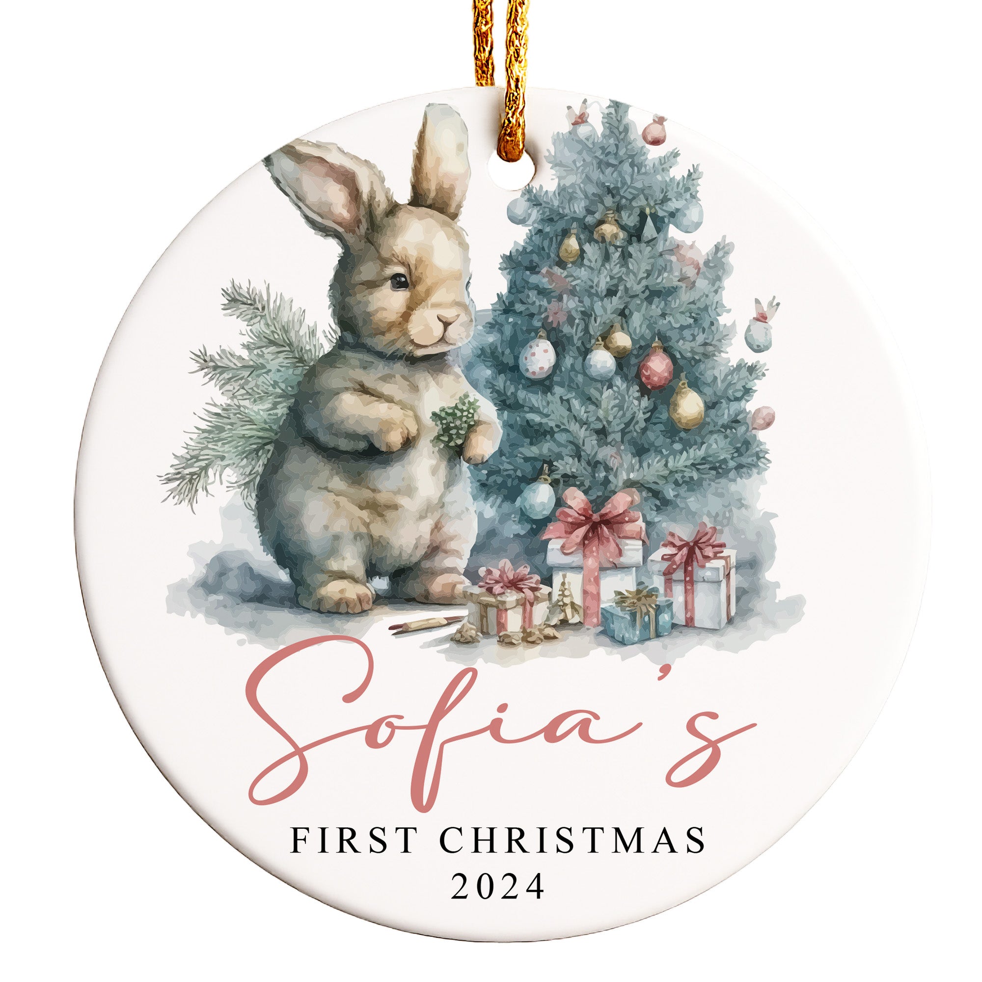 Personalized Baby's First Christmas Ceramic Ornament 2024 - Custom Name Keepsake with Adorable Bunny Design - Image 1