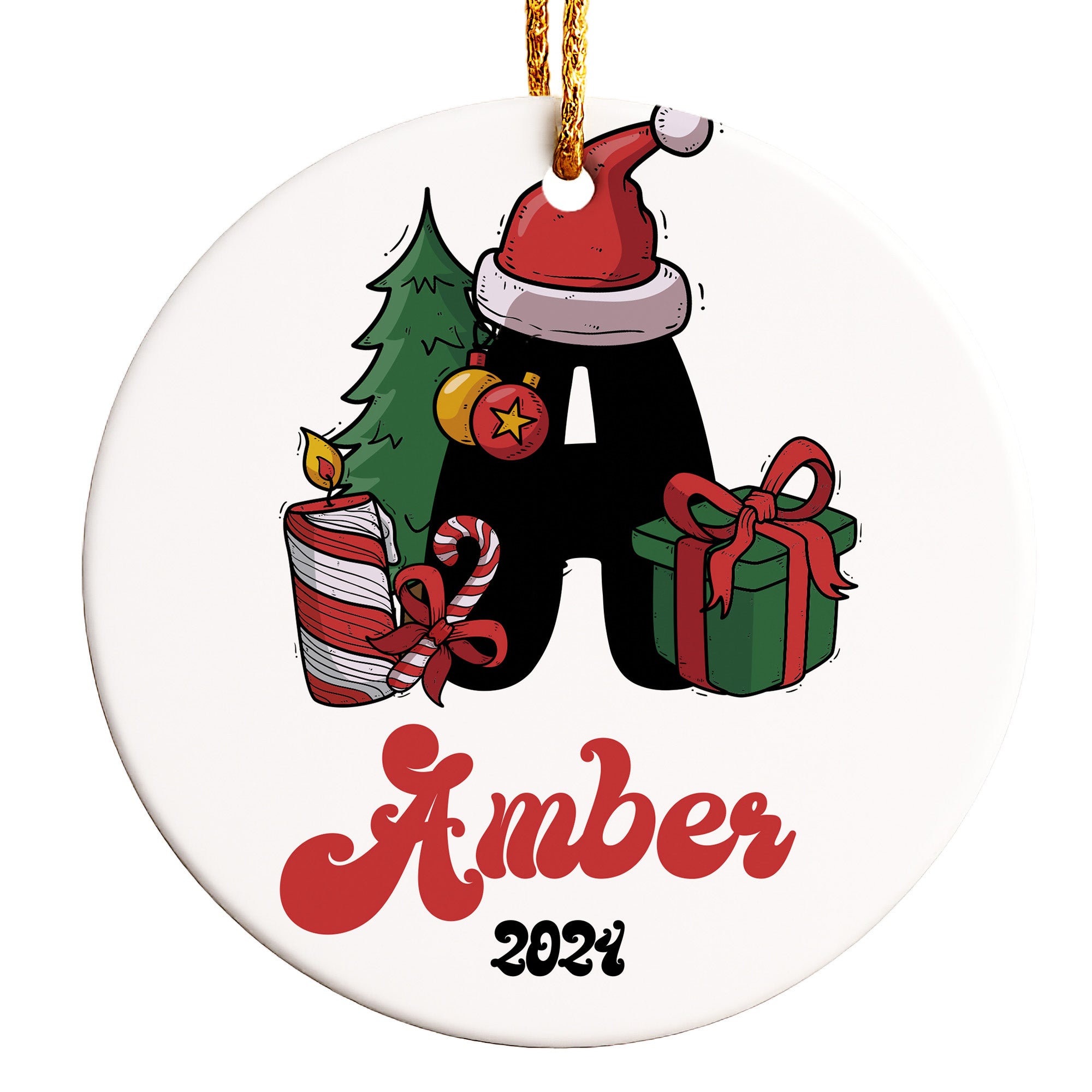 Personalized Christmas Ceramic Ornament with Santa and Gifts - Perfect Holiday Keepsake for Amber 2024 - Image 1