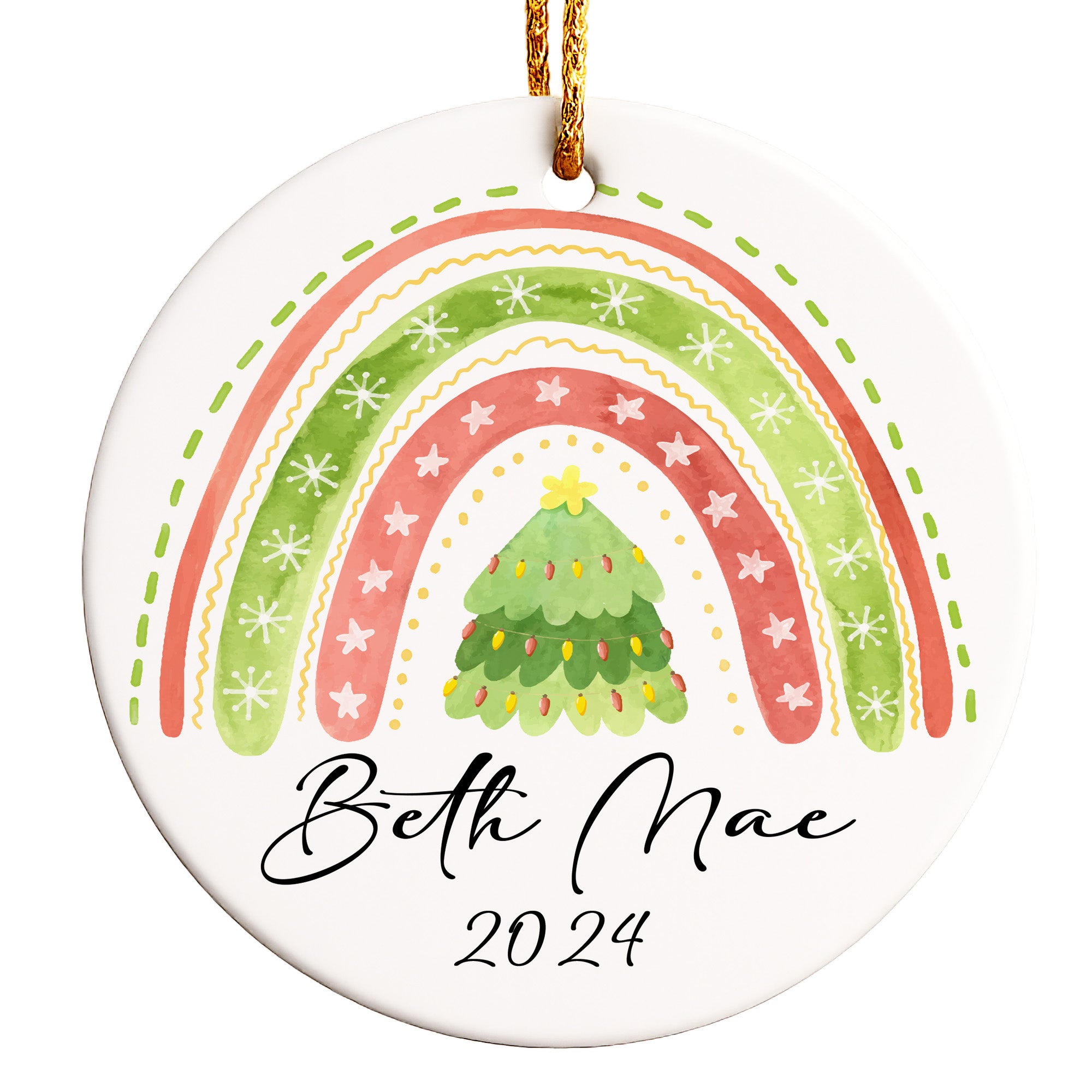 Personalized Christmas Ceramic Ornament with Hand-Painted Rainbow and Tree Design - Custom Name & Year - Perfect Holiday Gift - Image 1