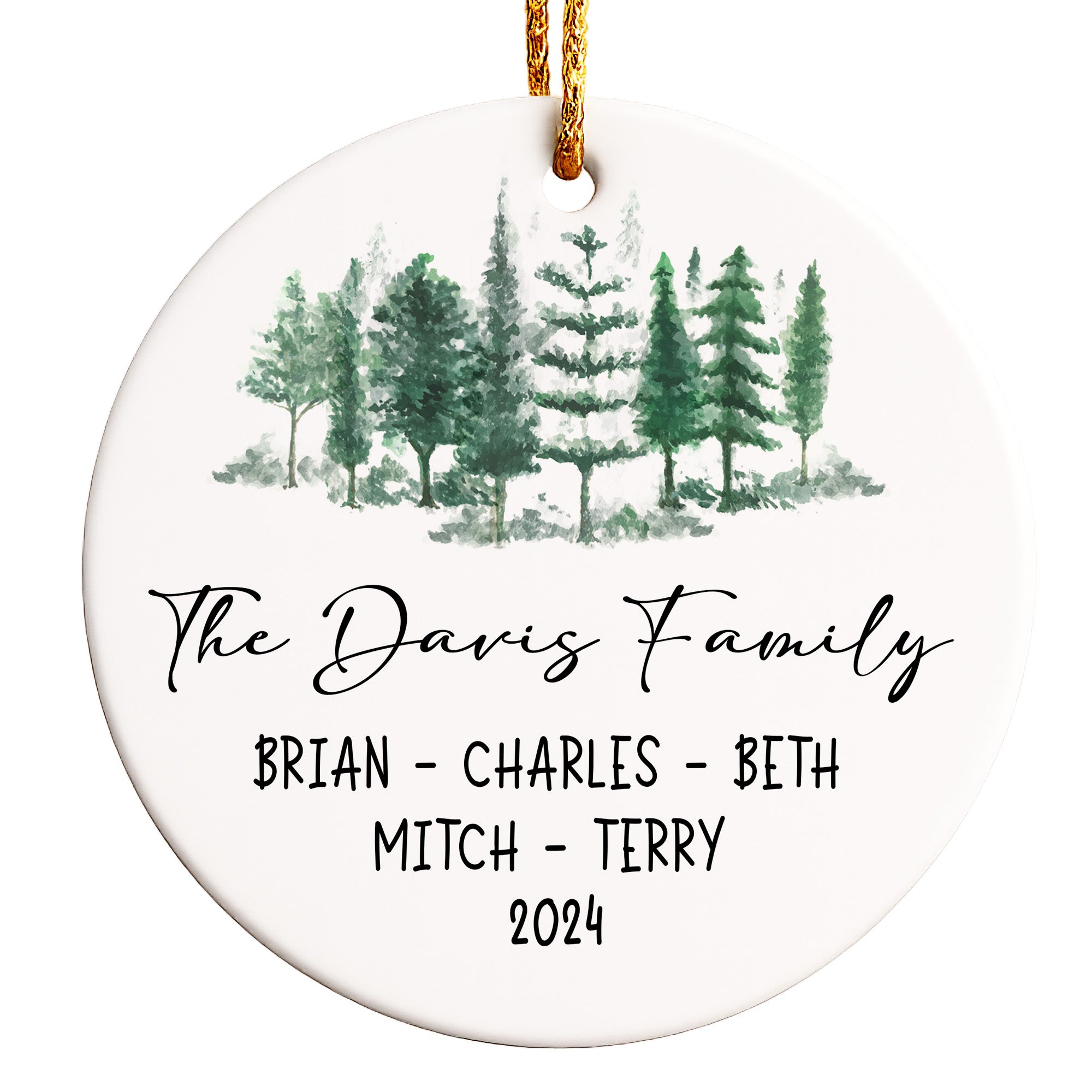 Personalized Family Evergreen Ceramic Ornament - Custom Names & Year - Handmade Gift for Holidays and Special Occasions - Image 1