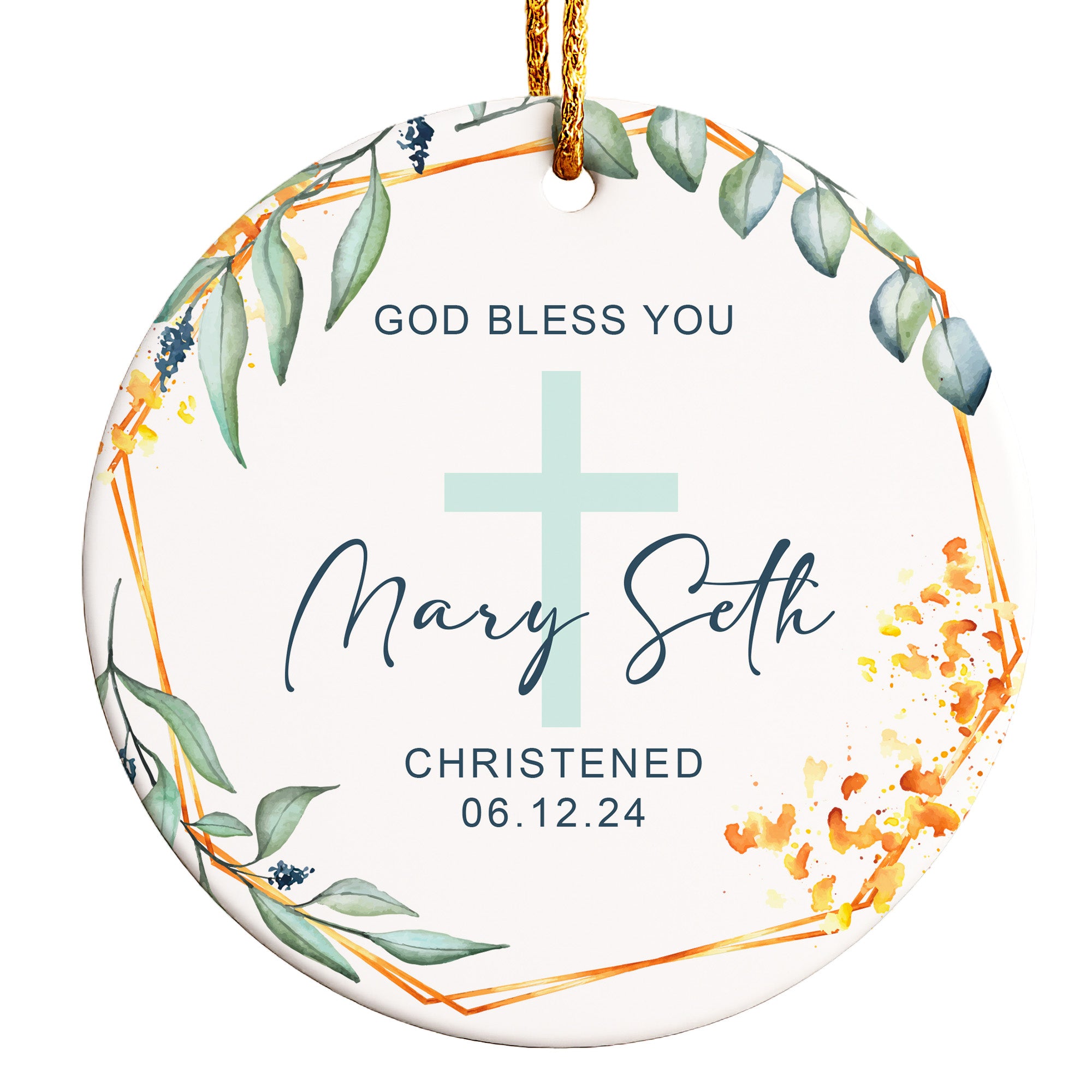 Personalized Ceramic Christening Ornament with Cross Design – Customized Keepsake Gift for Special Occasions - Image 1