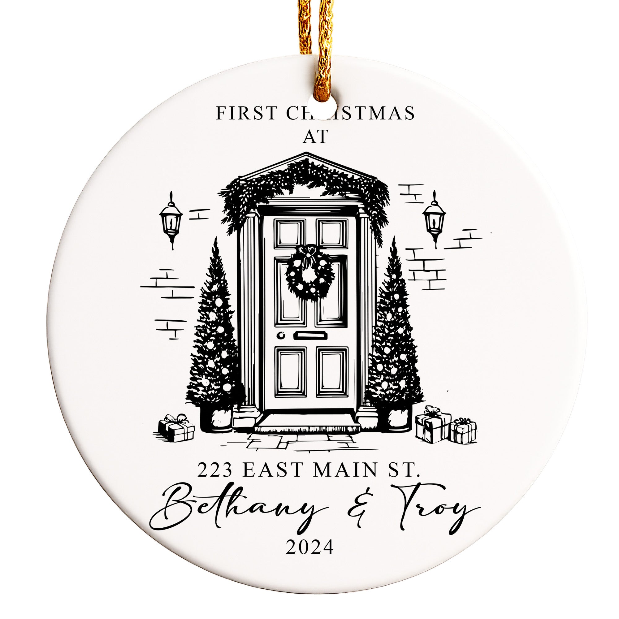 Elegant Personalized First Christmas Ceramic Ornament for Couples – Custom Address & Names, 2024 Keepsake - Image 1