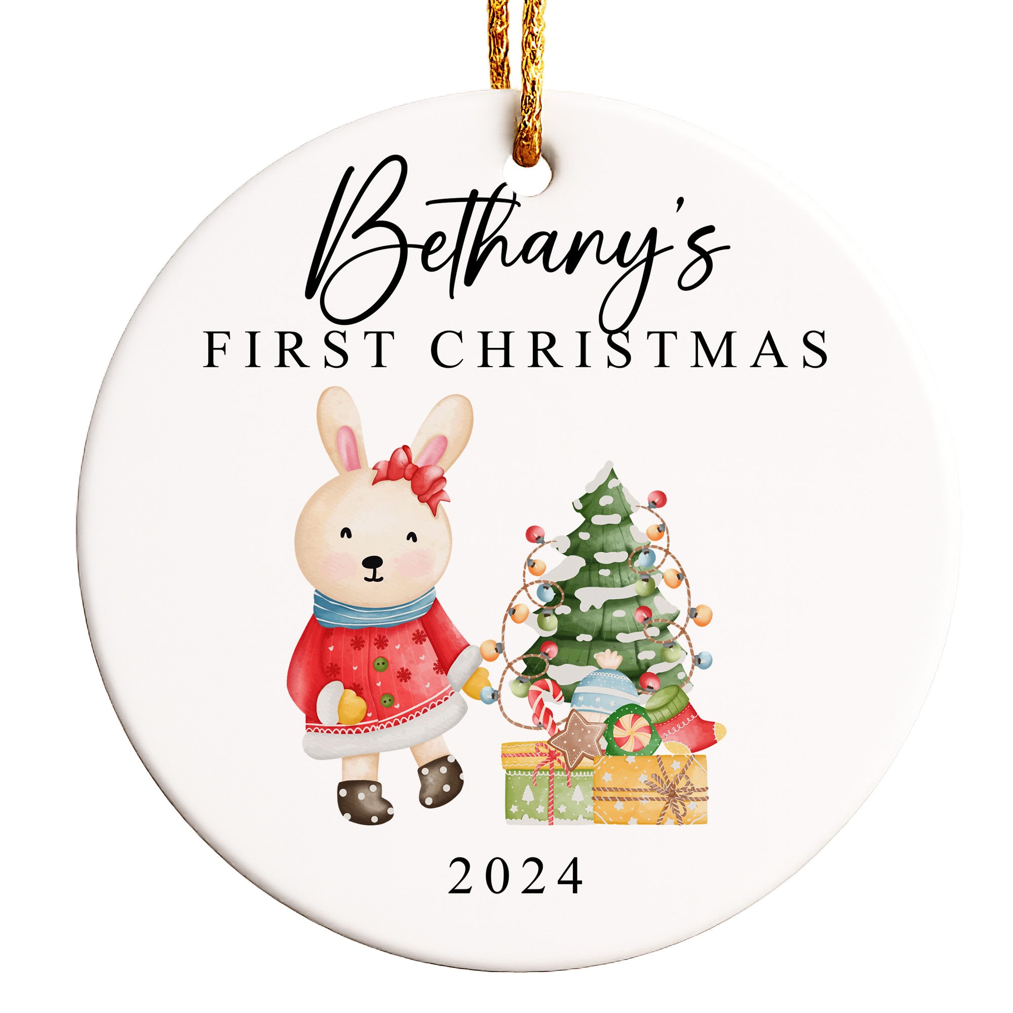 Personalized Baby’s First Christmas Ceramic Ornament – Custom Name Keepsake with Watercolor Bunny & Tree Design – 2024 Holiday Gift - Image 1