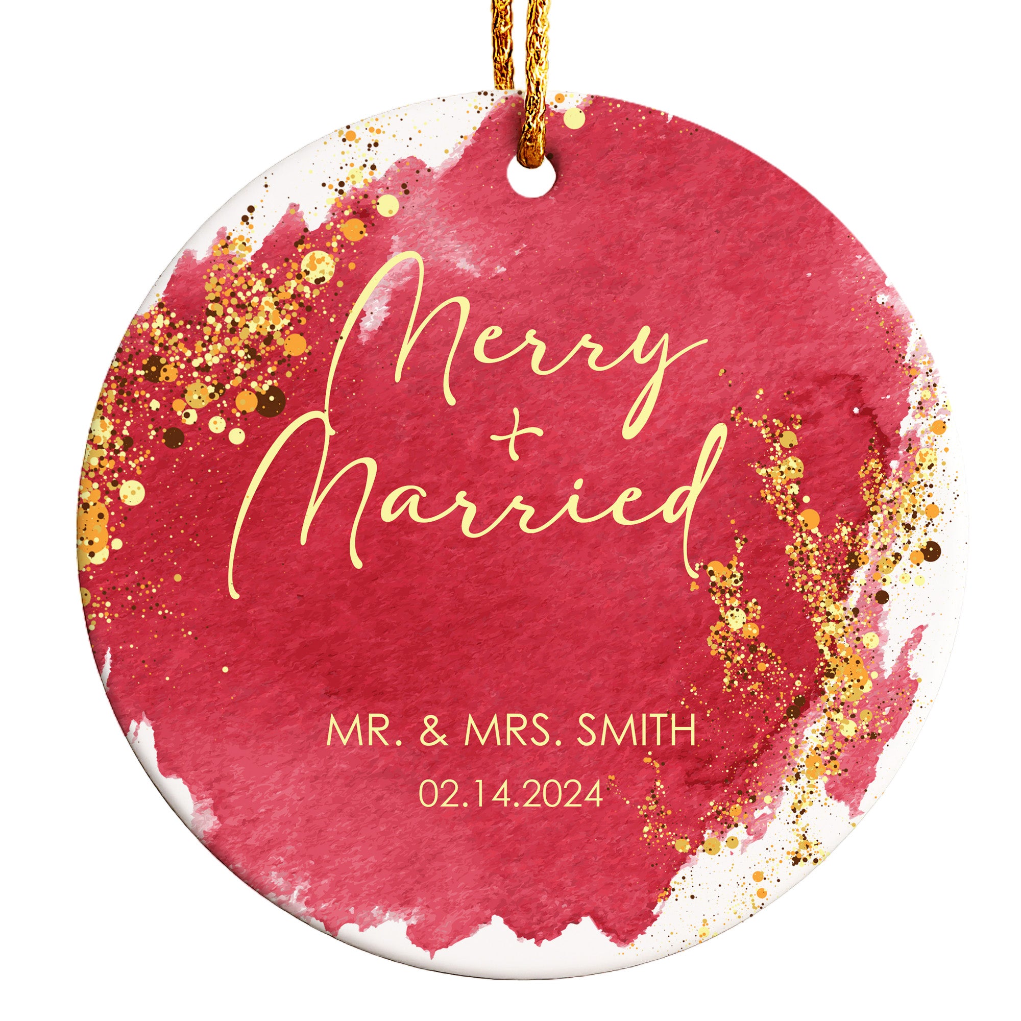 Personalized "Merry + Married" Ceramic Ornament - Unique Wedding Keepsake, Custom Date & Names - Image 1