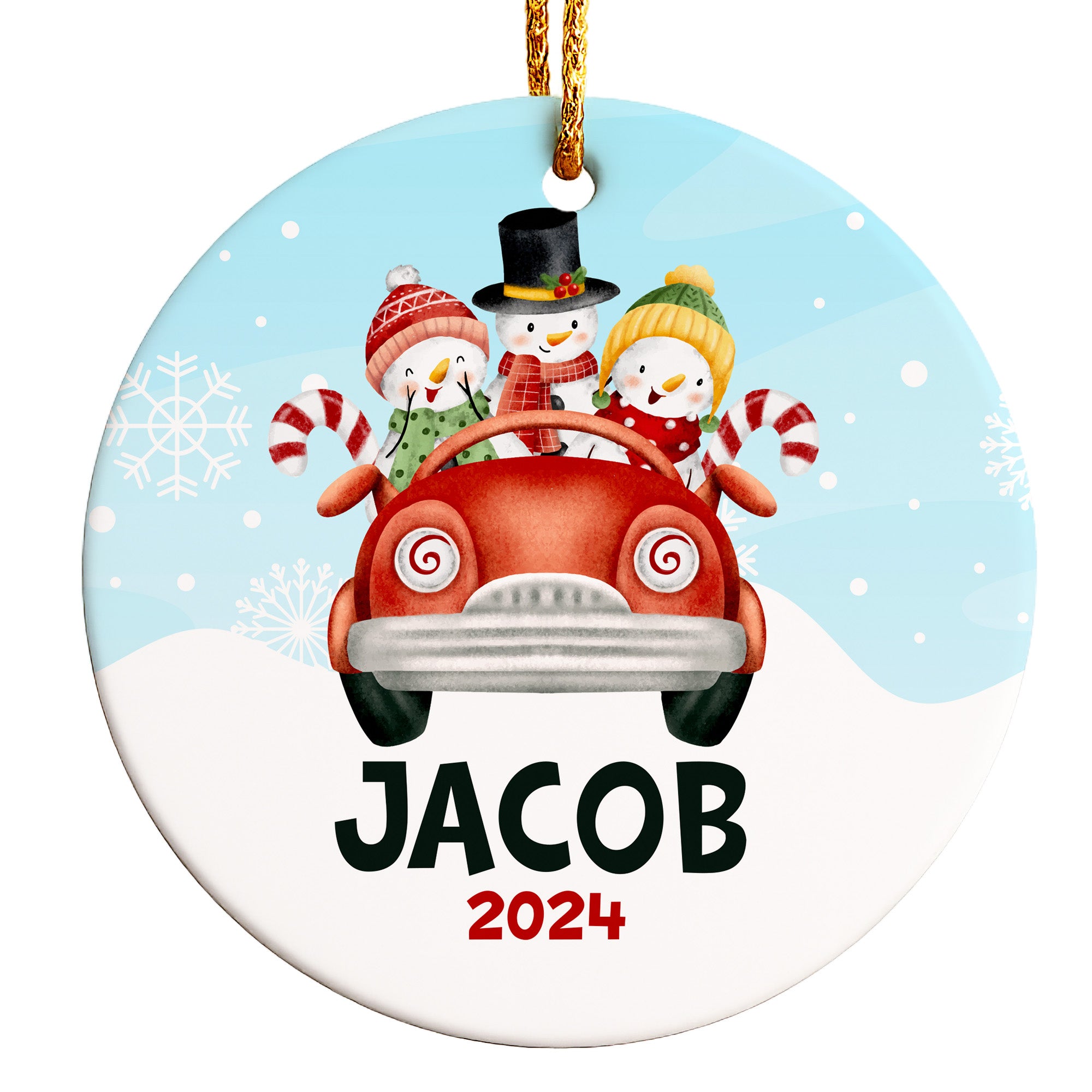 Personalized 2024 Ceramic Ornament with Snowman Family in Red Car - Custom Name Gift for Holidays - Image 1