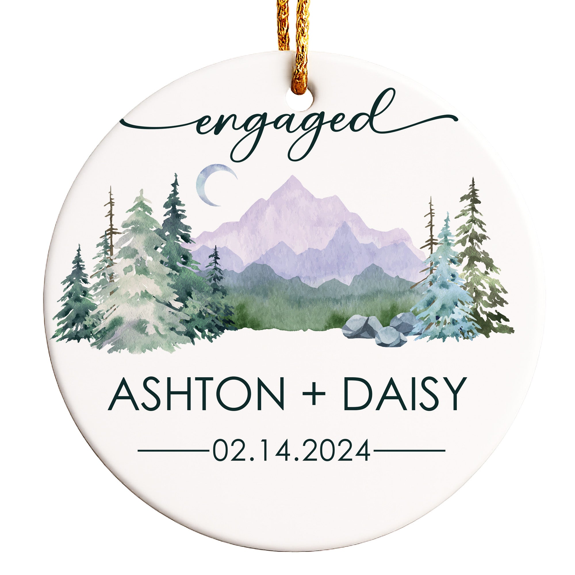 Personalized Engaged Ceramic Ornament – Custom Keepsake for Announcements, Featuring Rustic Mountain Design - Image 1