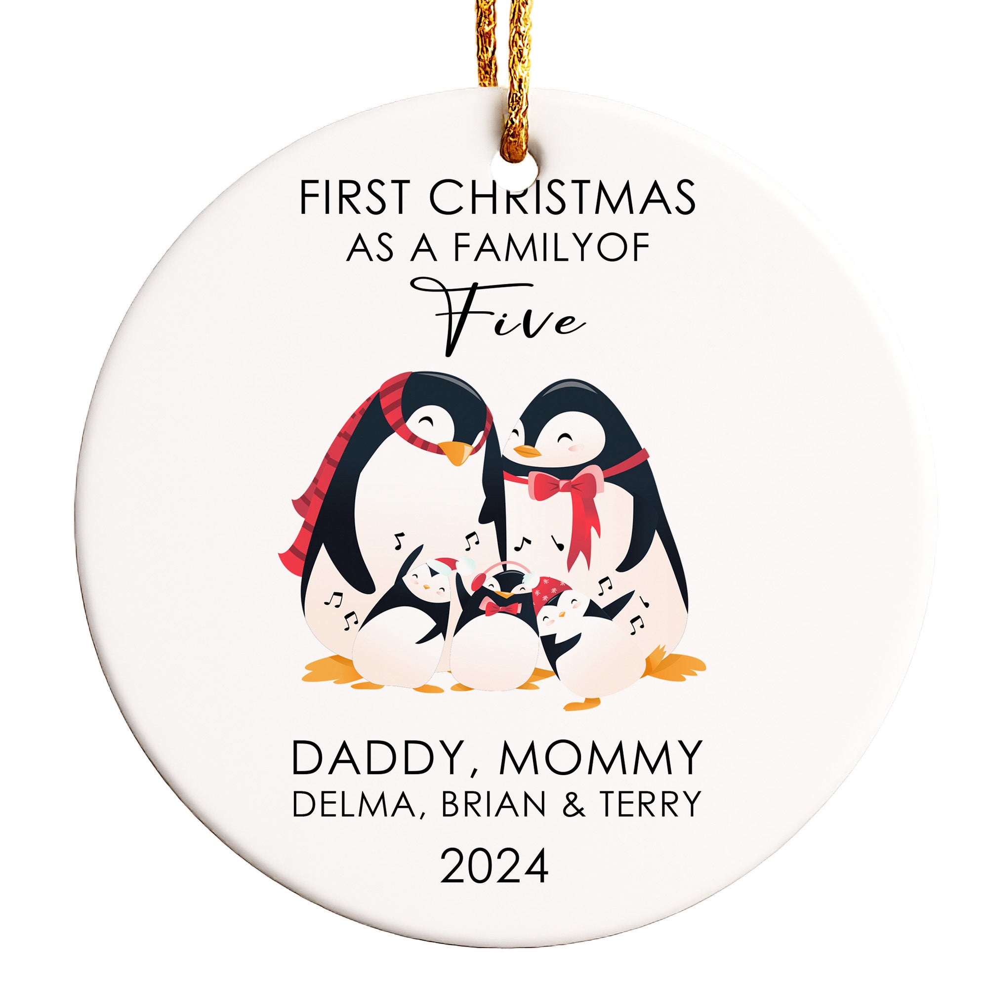 Personalized Family of Five Penguin Christmas Ornament - Custom Ceramic Keepsake for 2024 Holidays - Image 1