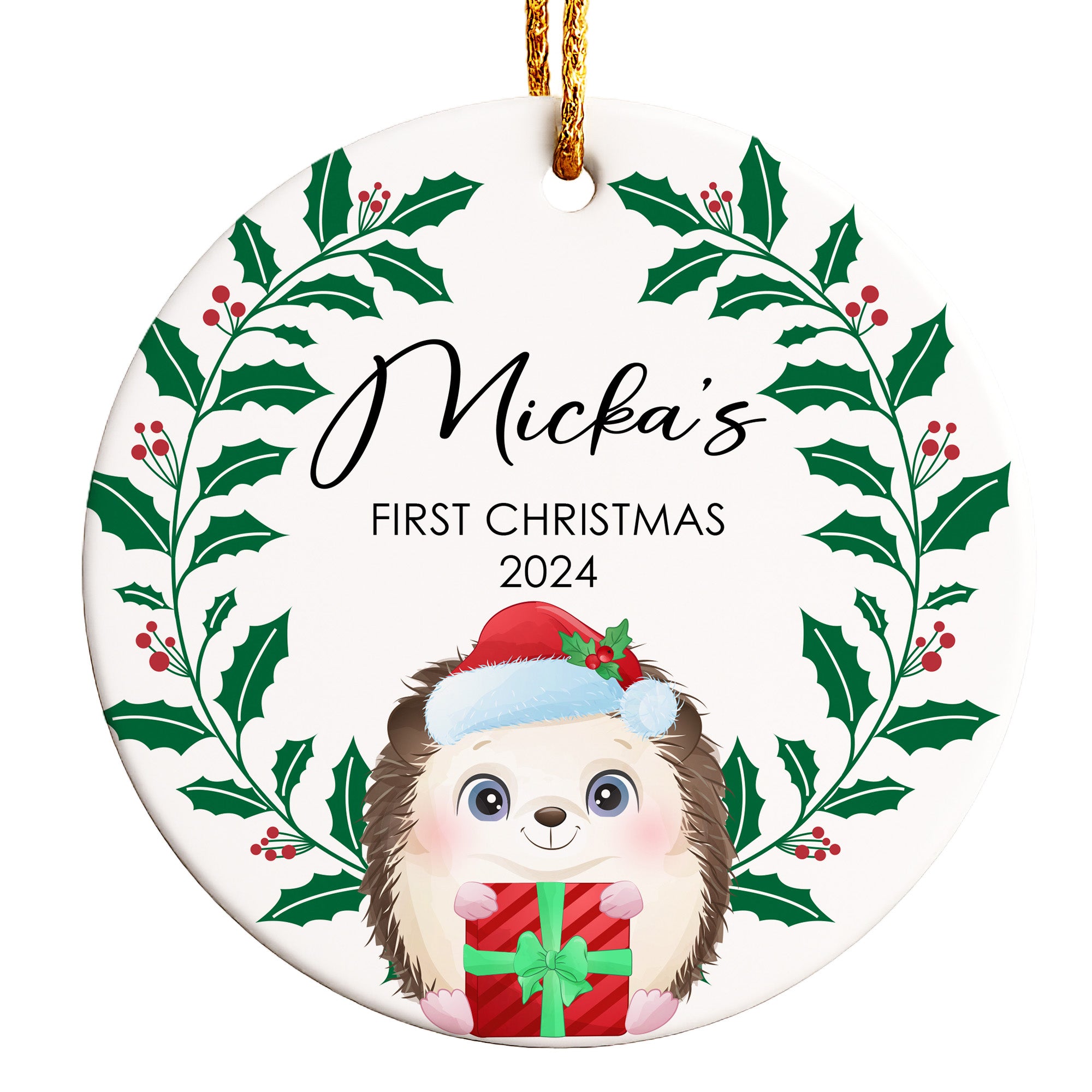 Personalized "First Christmas" Ceramic Ornament 2024 - Handcrafted Holly & Hedgehog Design - Image 1