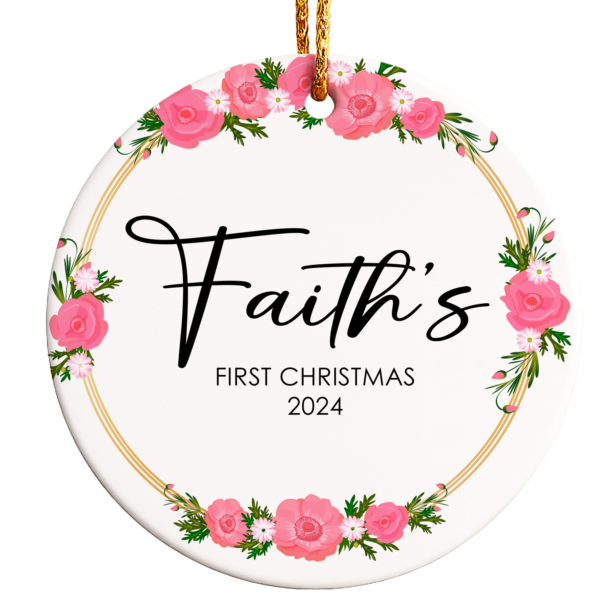 Personalized "Faith's First Christmas 2024" Ceramic Ornament with Pink Floral Design – Perfect Keepsake Gift for Newborns - Image 1