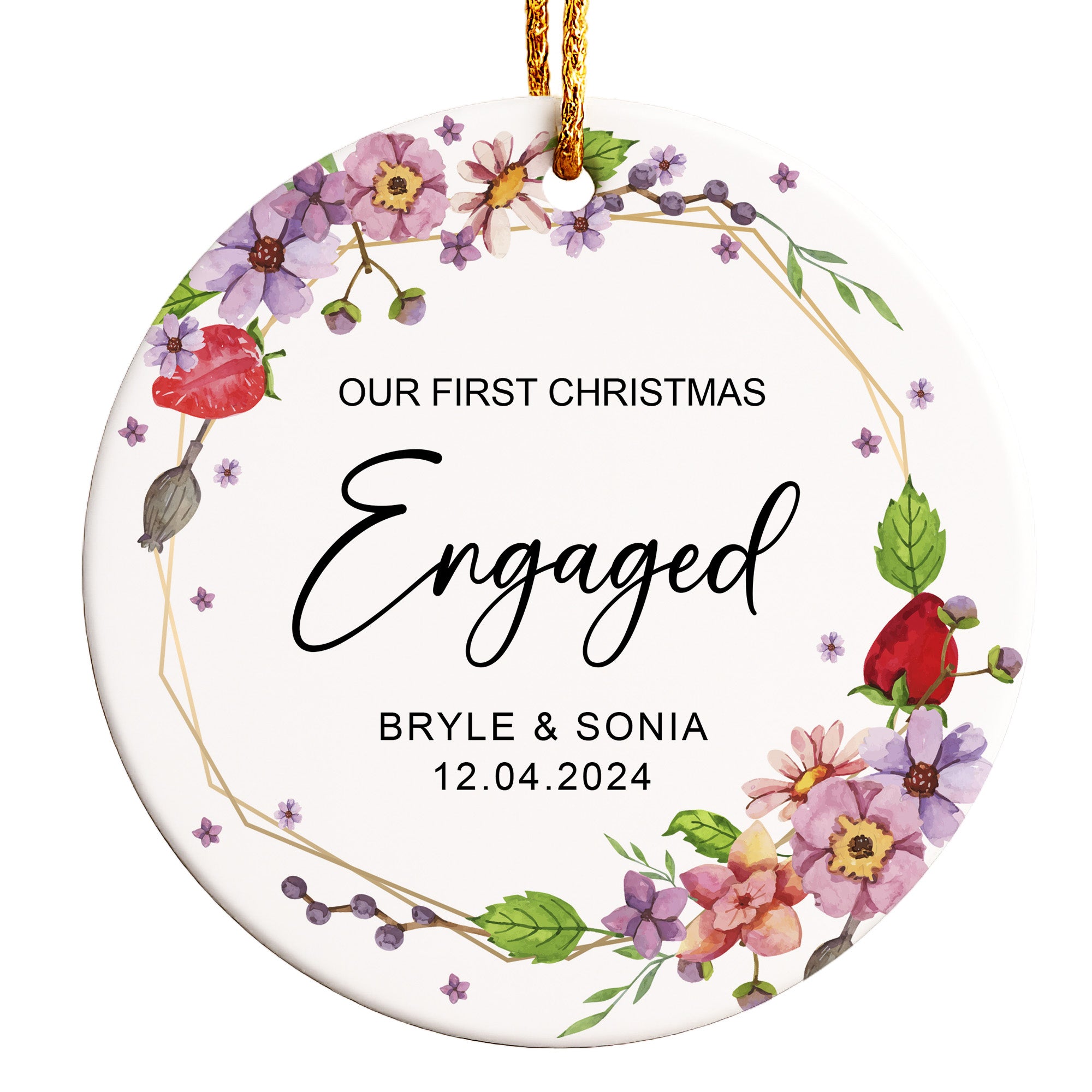 Personalized Engagement Christmas Ornament - Custom Floral Ceramic Keepsake for Couples - Image 1