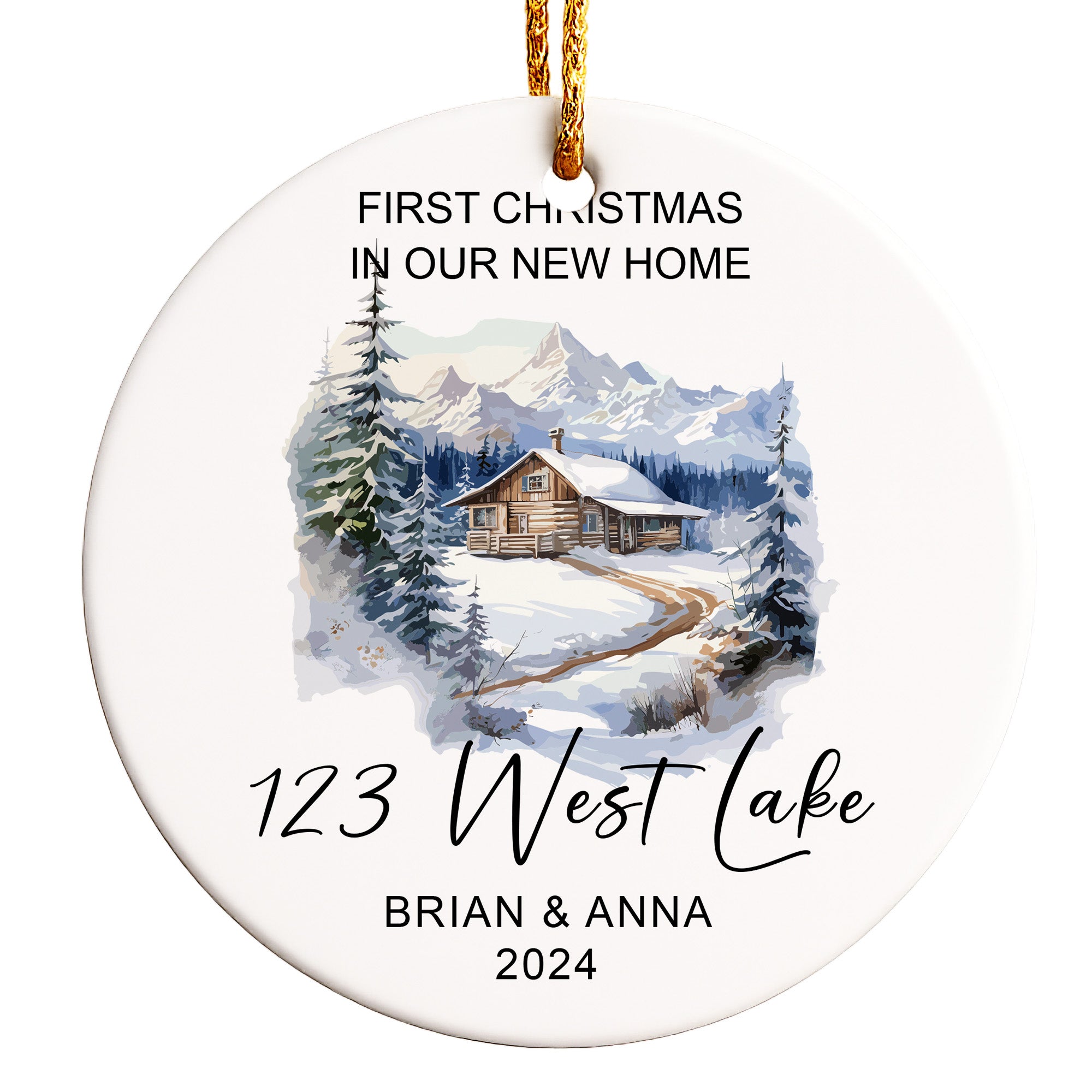 Personalized First Christmas in New Home Ceramic Ornament – Elegant Winter Cabin Design, Custom Names & Address, Heartfelt Keepsake for New Homeowners - Image 1