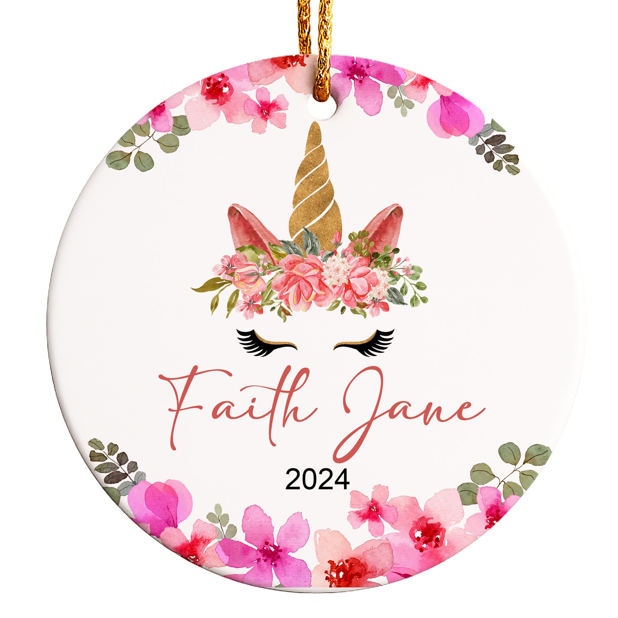 Personalized Unicorn Ceramic Ornament - Custom Floral Design, Perfect Gift for Kids and Unicorn Lovers, 2024 Edition - Image 1