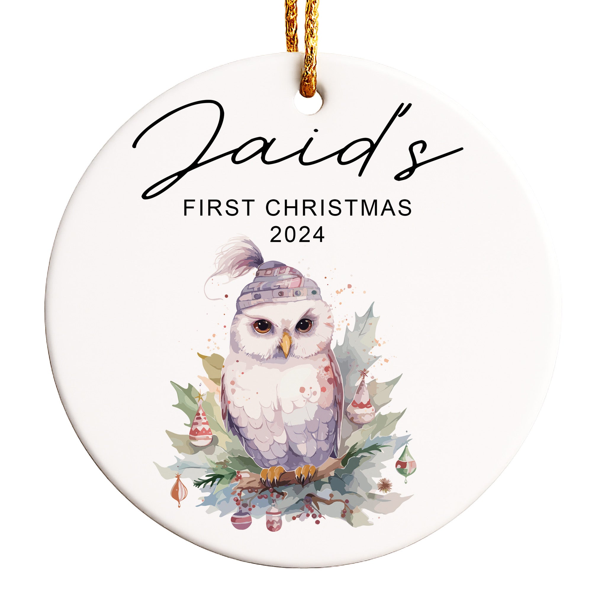 Personalized Baby's First Christmas Ceramic Ornament 2024 - Custom Name Owl Design Keepsake - Image 1