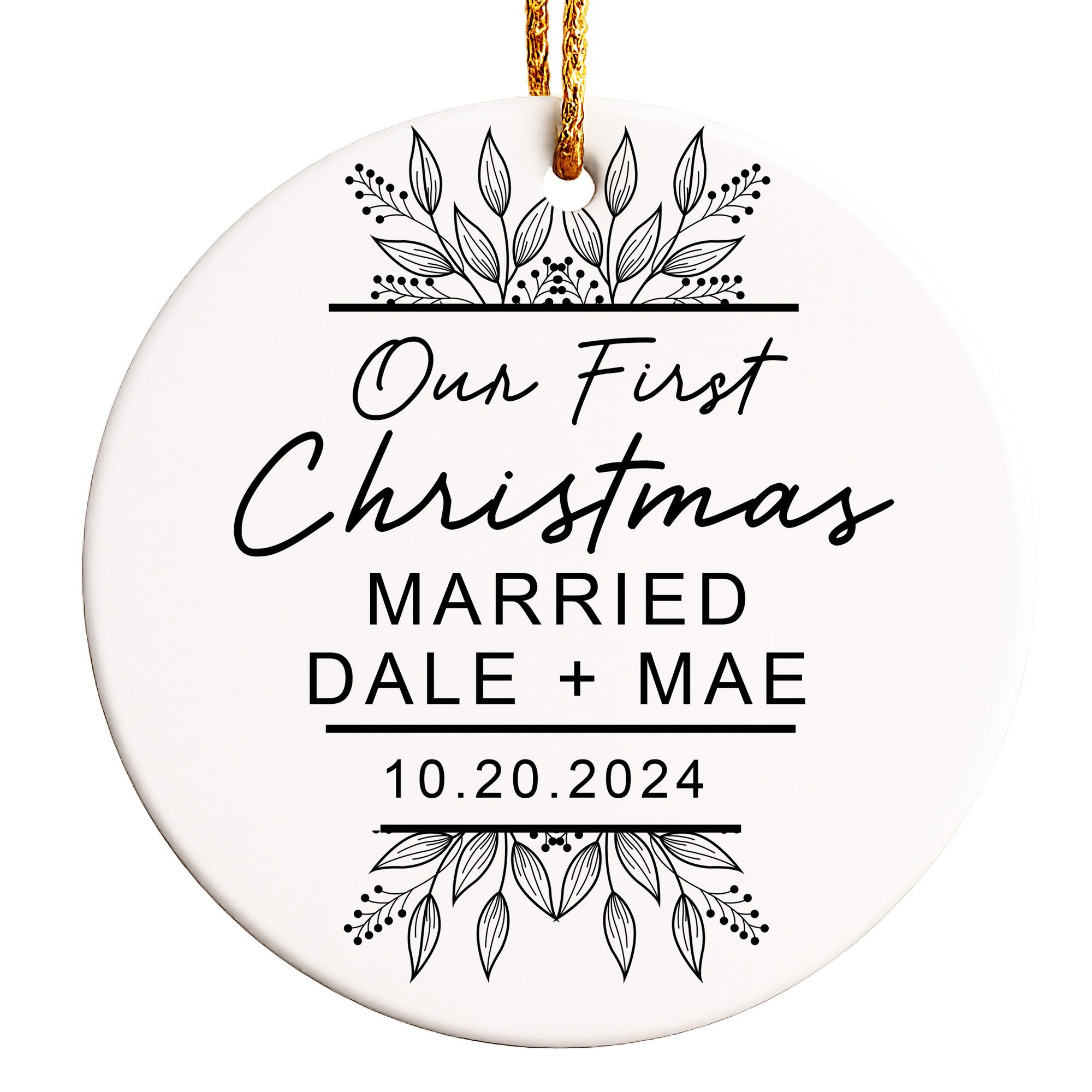 Personalized "Our First Christmas" Ceramic Ornament – Elegant Handcrafted Keepsake for Newlyweds, Customizable with Names and Date - Image 1