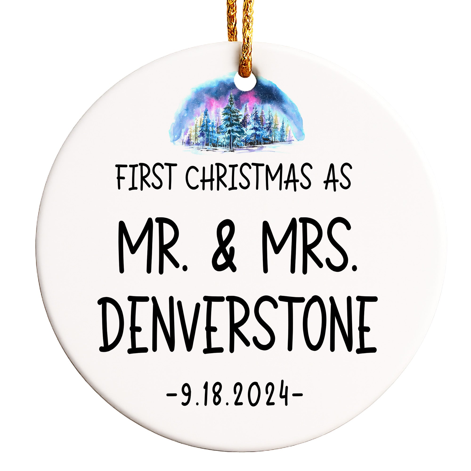 Personalized First Christmas Ceramic Ornament for Couples – Elegant Watercolor Design, Perfect as Newlywed Gift with Date Customization - Image 1