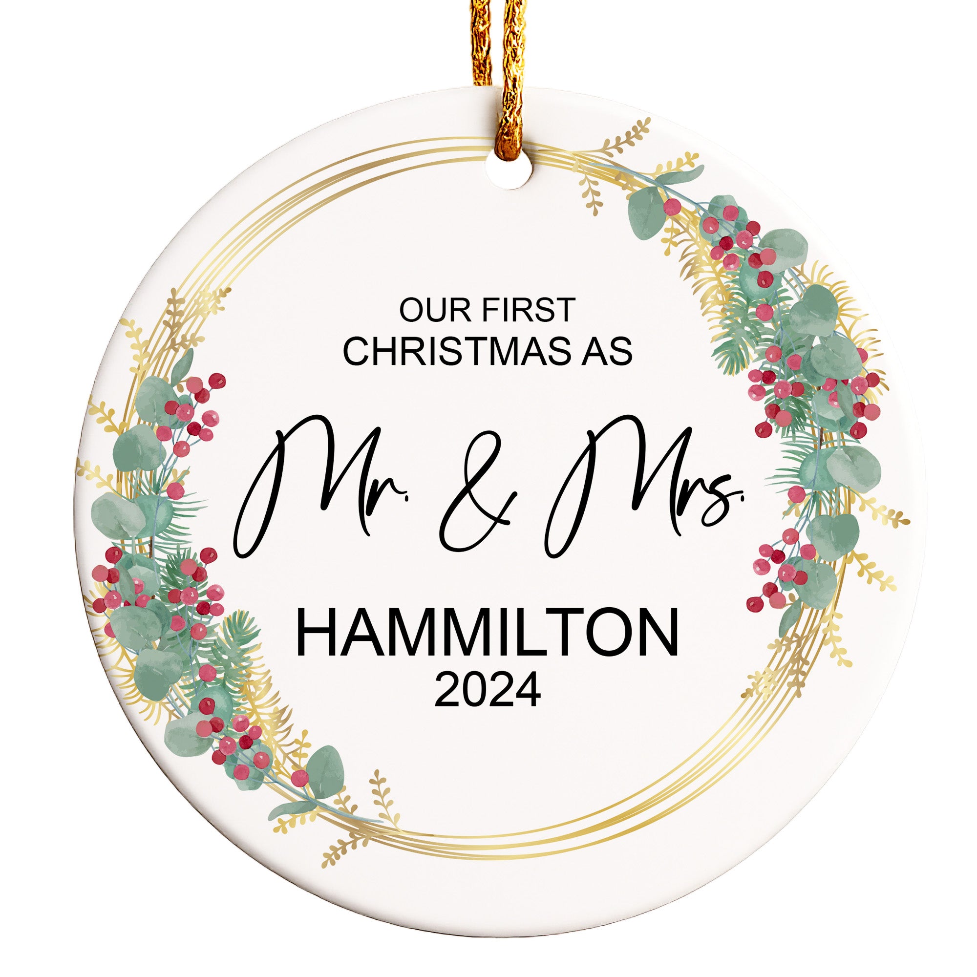 Personalized First Christmas as Mr. & Mrs. Ceramic Ornament - Custom Wedding Keepsake 2024 - Image 1