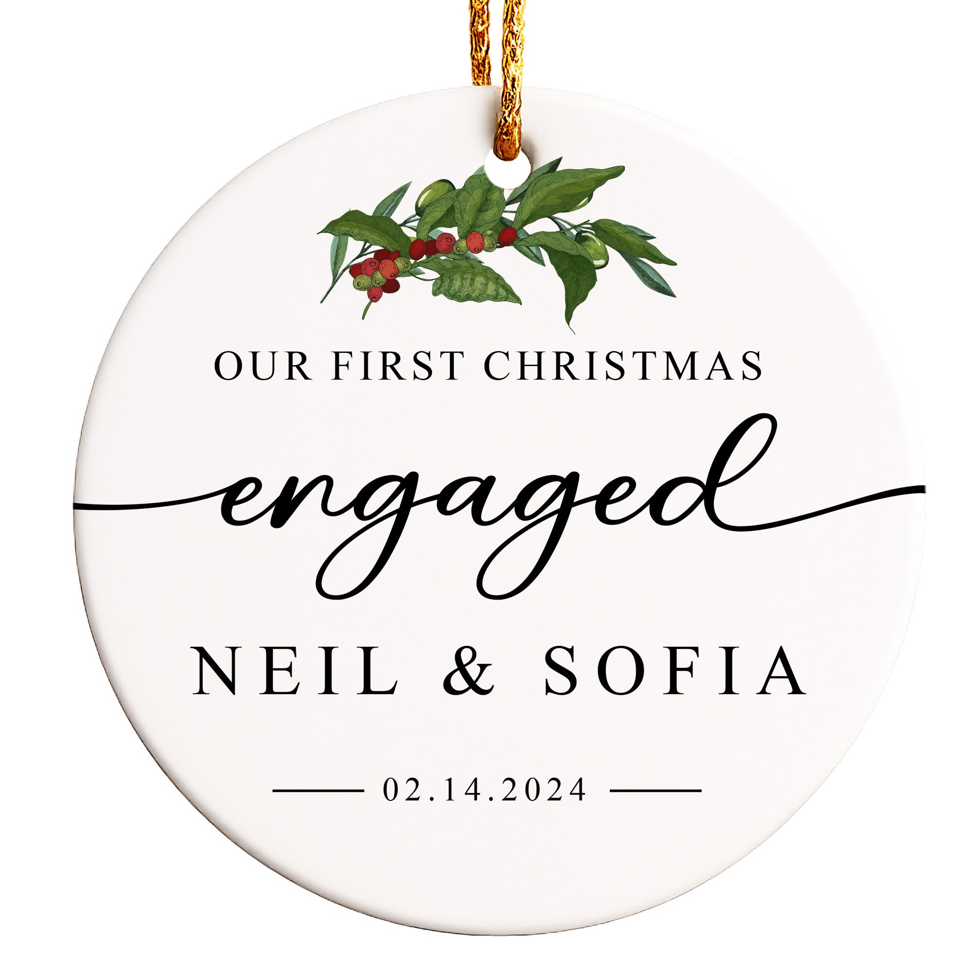 Celebrate Your First Christmas Engaged with Personalized Ceramic Ornament - Custom Names & Dates - Image 1
