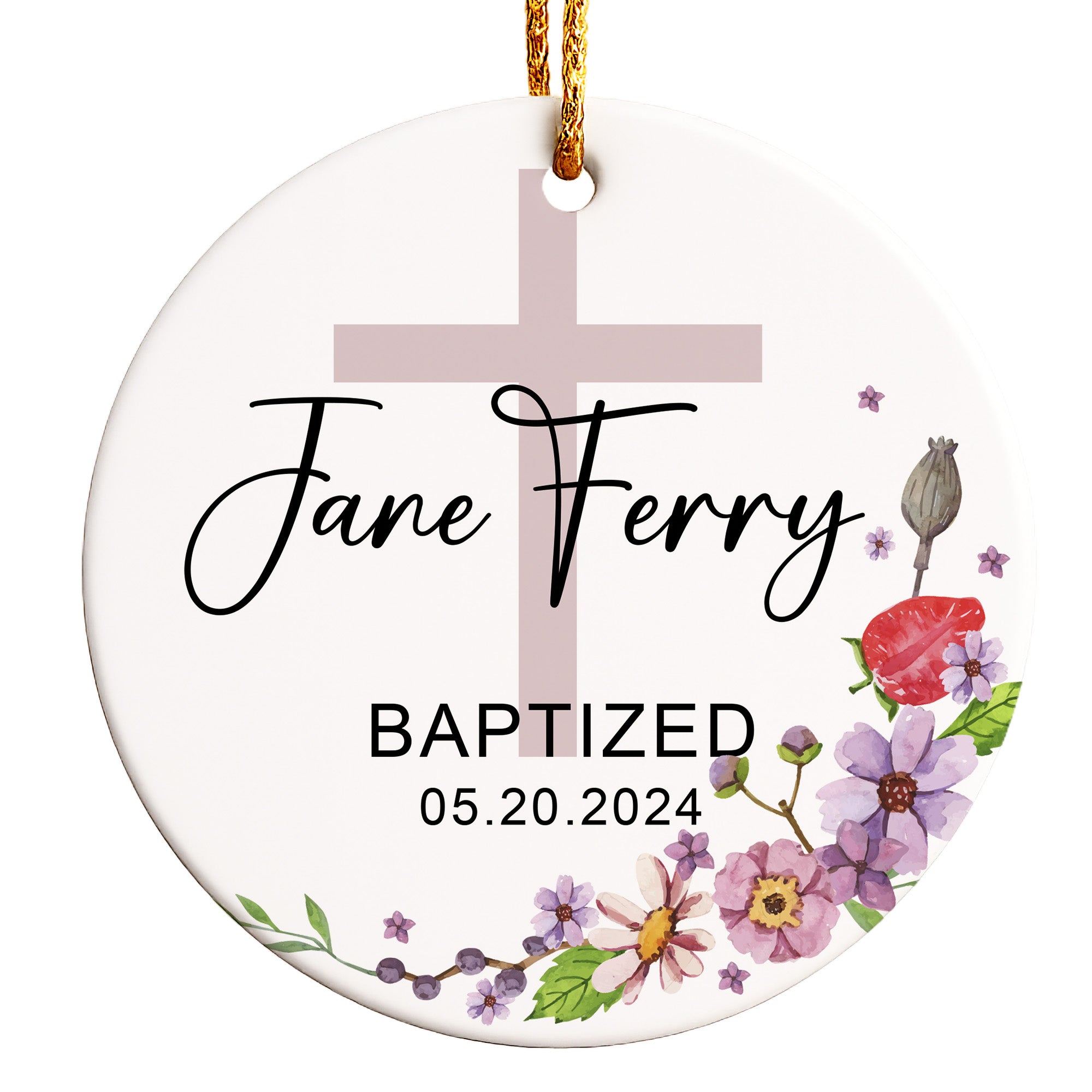 Personalized Floral Baptism Ceramic Ornament for Baby - Custom Name and Date Keepsake Gift - Image 1