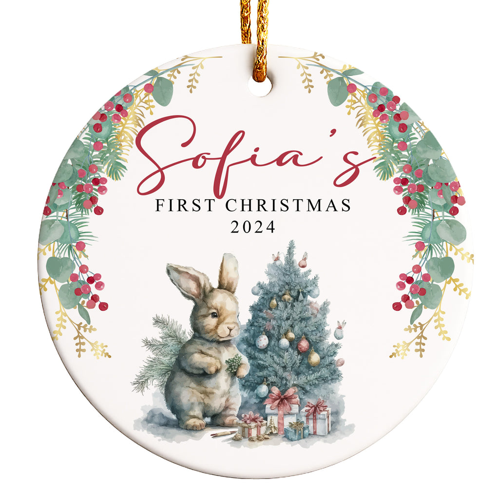 Personalized Baby's First Christmas Ceramic Ornament 2024 - Cute Bunny & Tree Design - Custom Gift for Newborns and Parents - Image 1