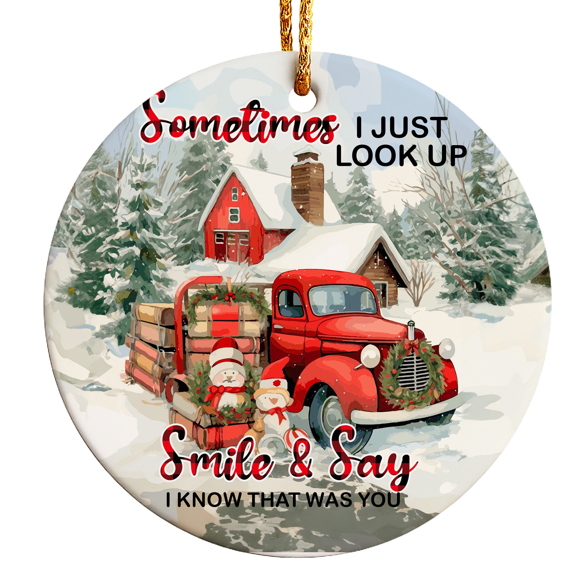 Personalized Memorial Christmas Ornament – Rustic Red Truck & Snowy Cabin Scene with Heartfelt Message – Perfect Gift for Remembering Loved Ones - Image 1