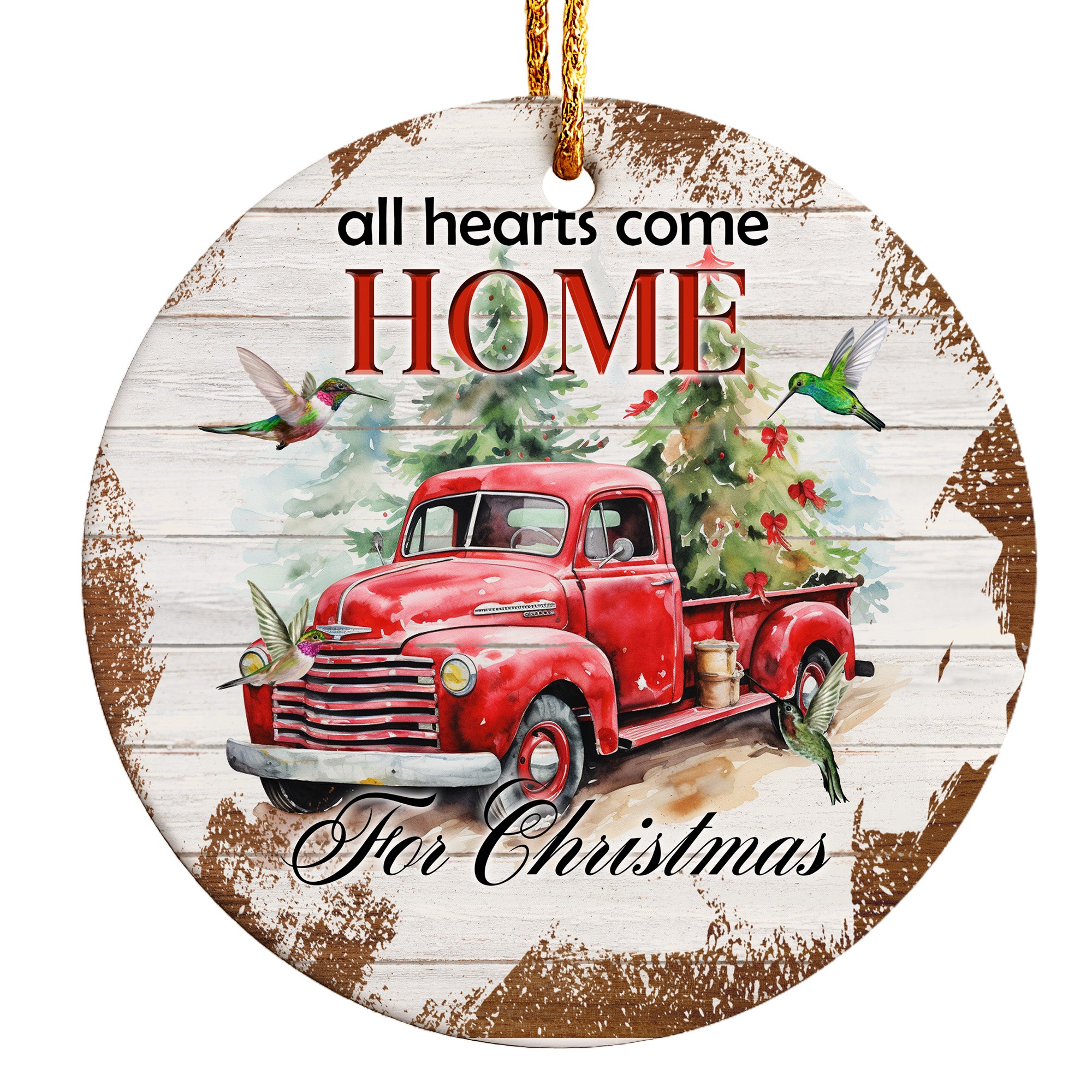 Custom Vintage Red Truck Ceramic Ornament – Personalized Christmas Decoration with Hummingbirds for Heartfelt Holiday Gifts - Image 1