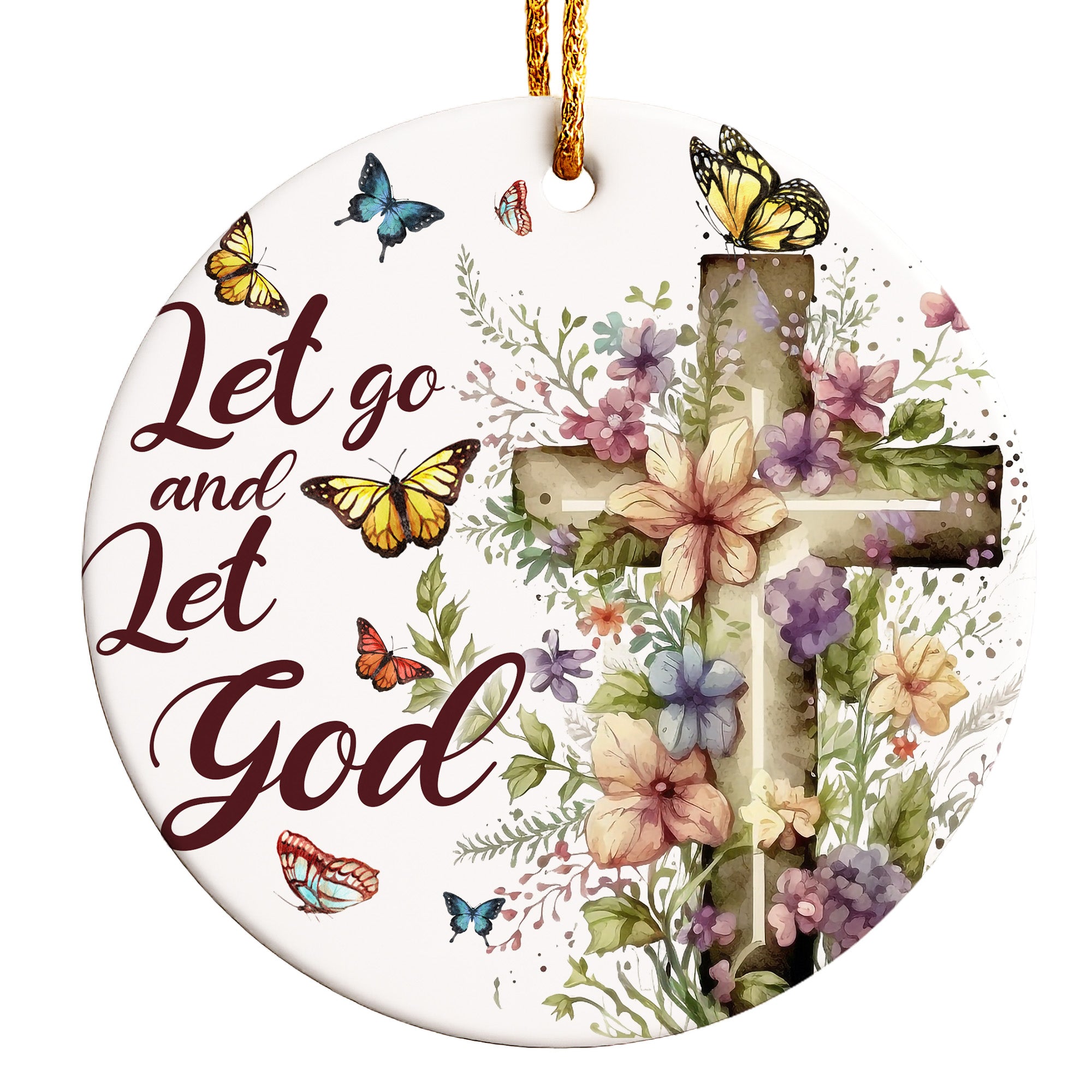 Personalized Floral Cross Ceramic Ornament – Inspirational "Let Go and Let God" with Butterflies – Perfect Gift for Spiritual Support and Home Decor - Image 1