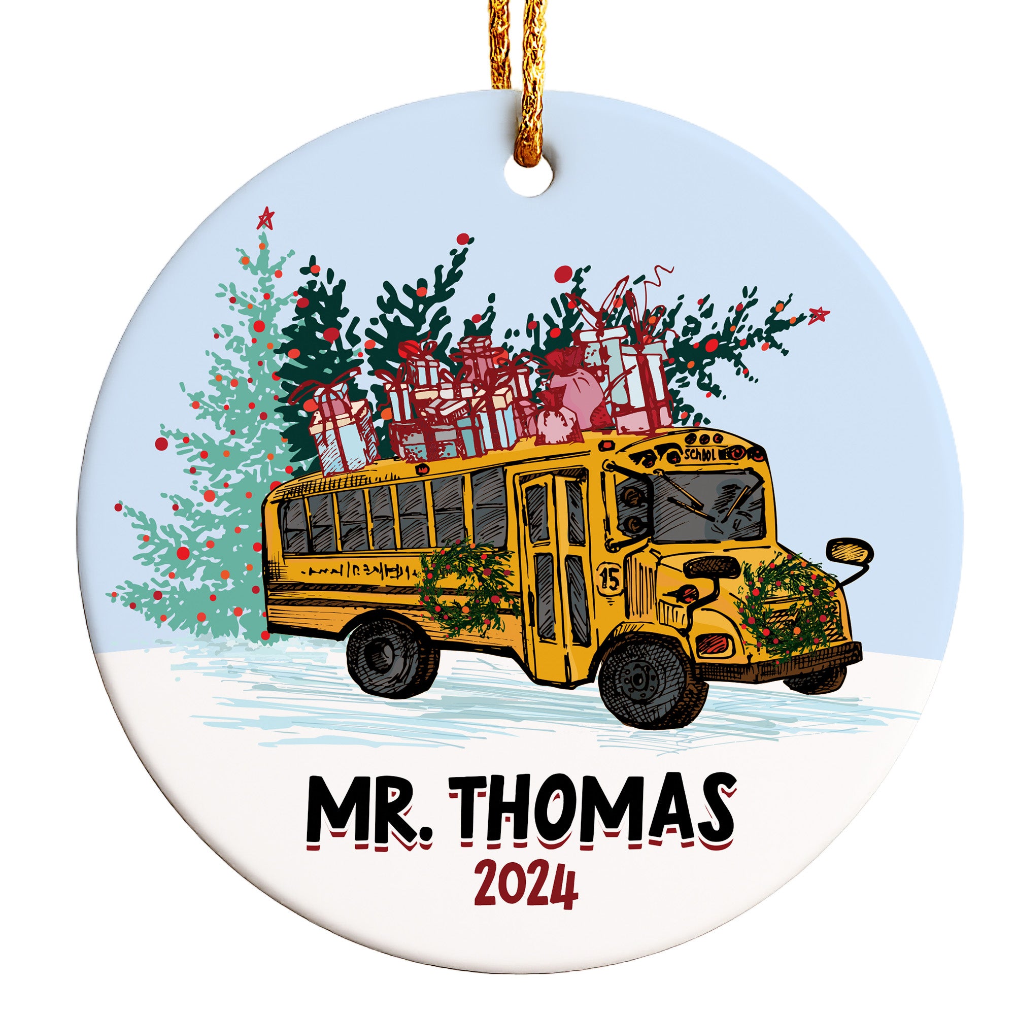 Personalized Ceramic Christmas Ornament with School Bus Design – Custom Teacher Gift 2024 – Unique Holiday Keepsake - Image 1