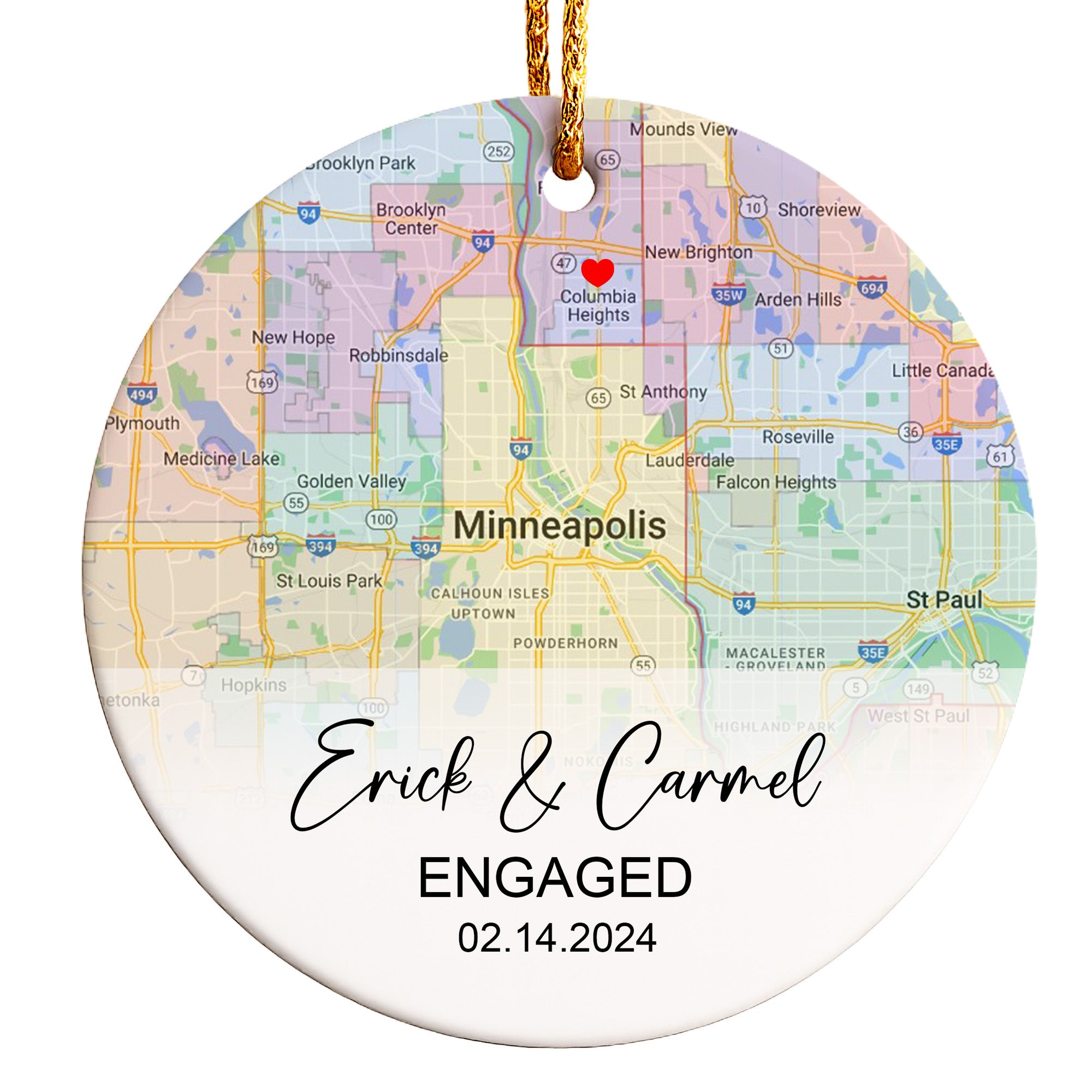 Personalized Engagement Map Ceramic Ornament - Custom Date and Names Keepsake for Life - Image 1