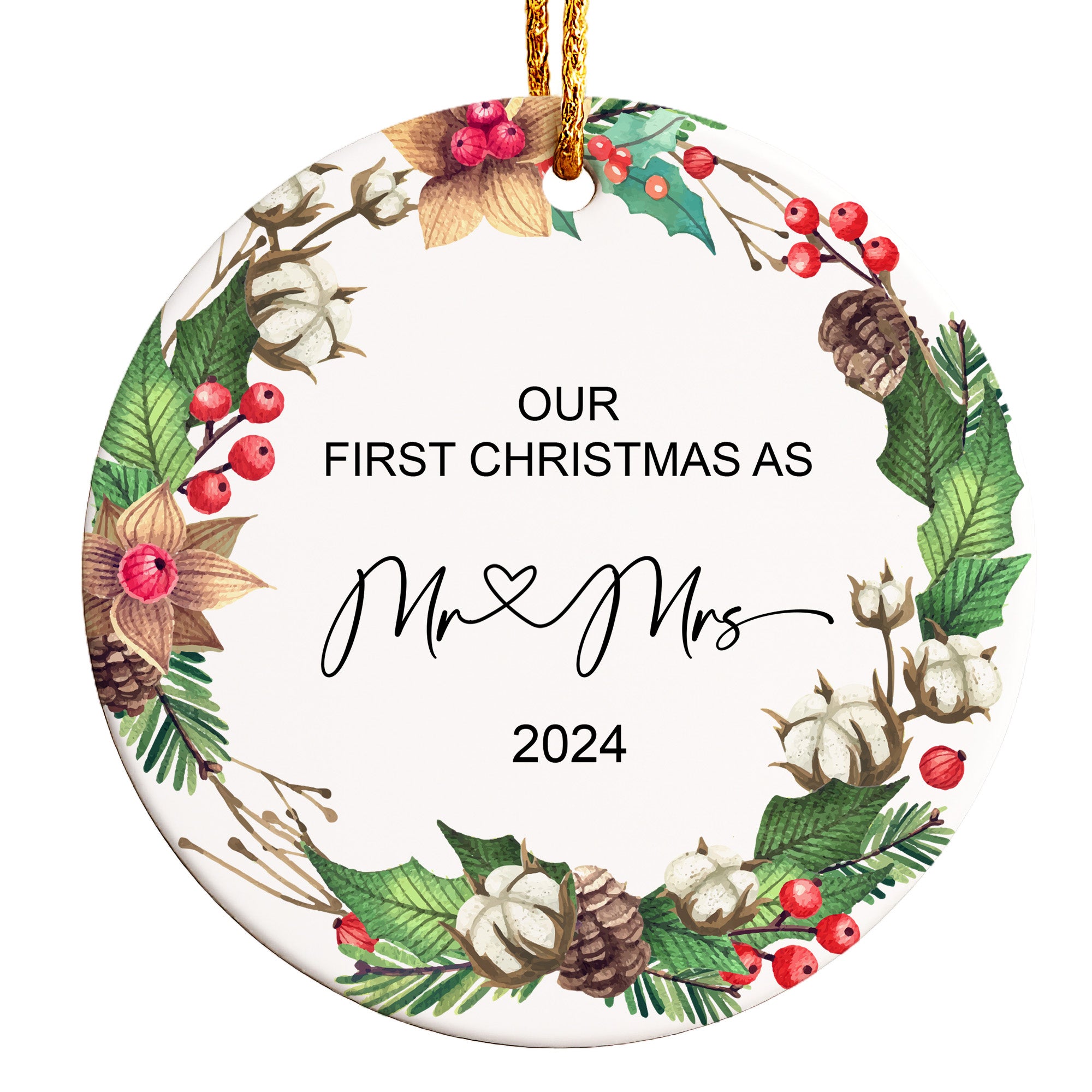 "Personalized 'Our First Christmas as Mr & Mrs' Ceramic Ornament – Custom Wedding Gift Keepsake for 2024 Holidays" - Image 1