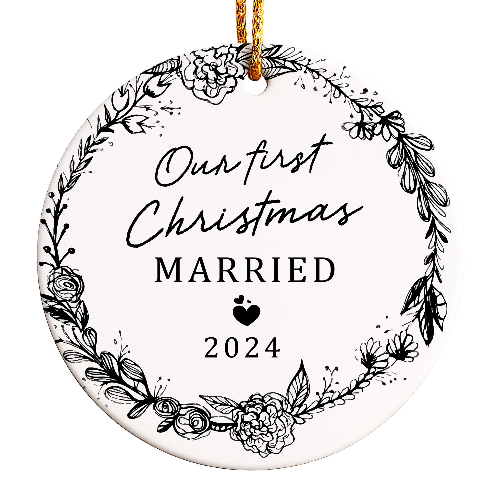 Personalized "Our First Christmas Married" 2024 Ceramic Ornament – Elegant Floral Design for Newlyweds - Image 1