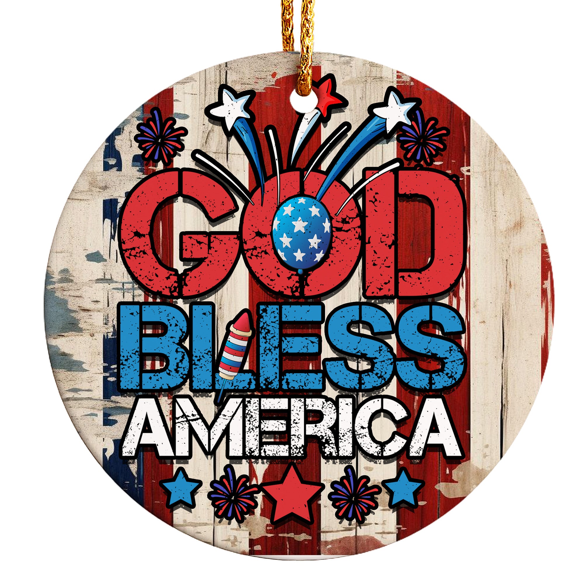 Personalized "God Bless America" Ceramic Ornament – Rustic Patriotic Decor with Custom Text for Holidays and Celebrations - Image 1
