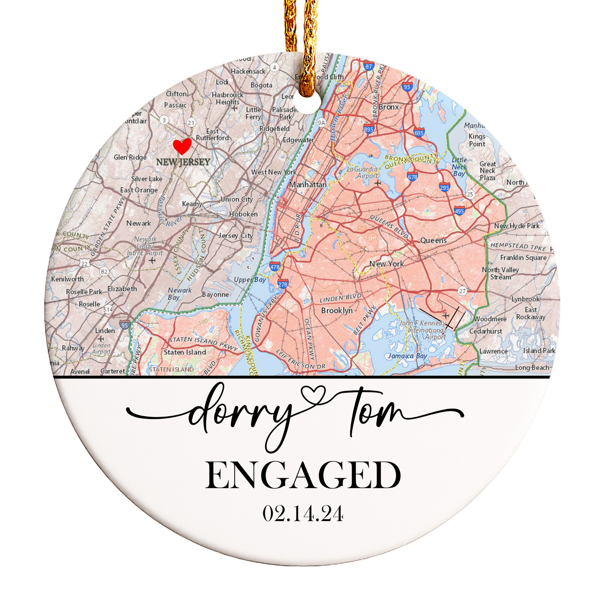 Personalized Engagement Ceramic Ornament - Custom Map Design for Couples with Date and Names - Perfect Keepsake Gift - Image 1