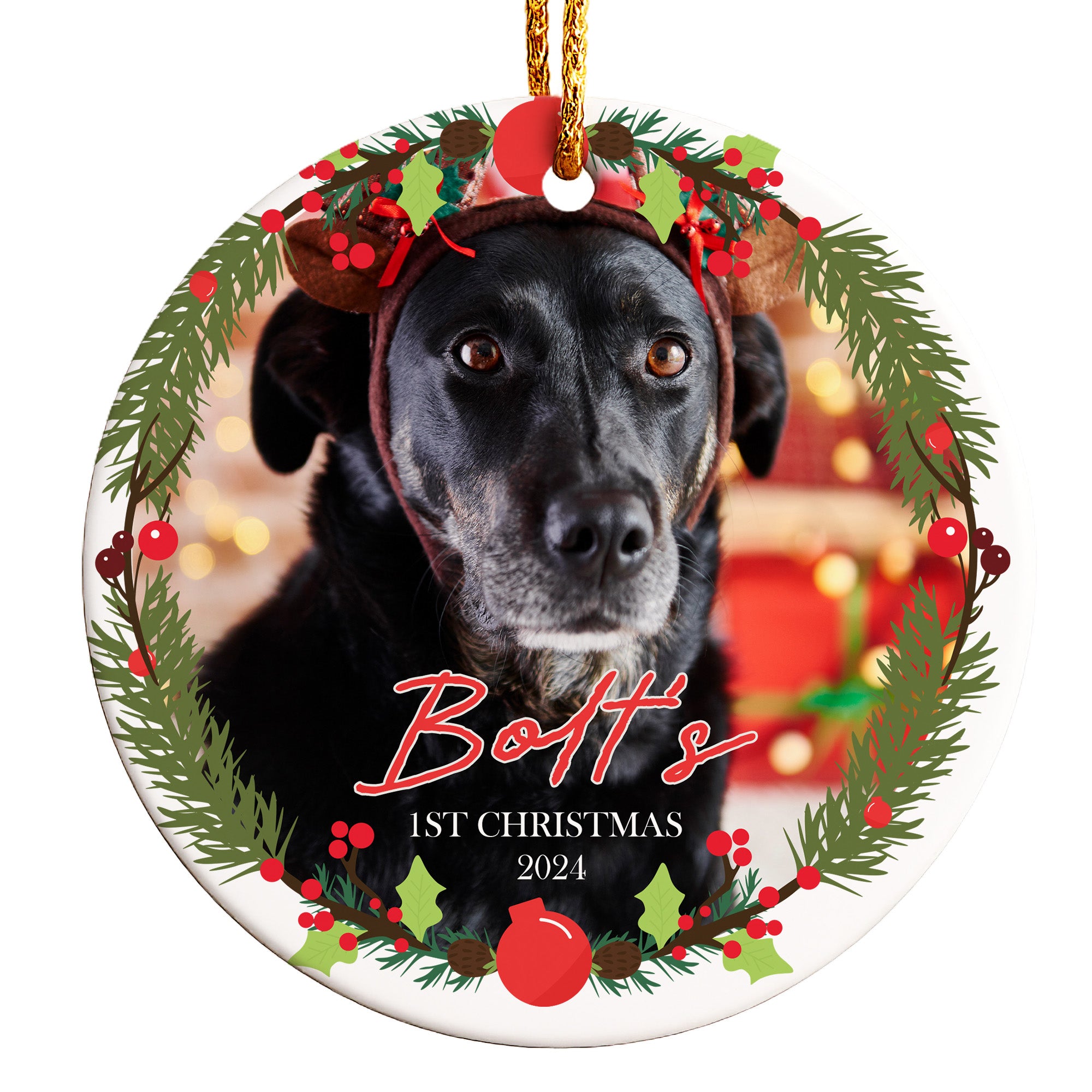 Personalized Dog's First Christmas Ceramic Ornament 2024 – Custom Photo & Name Keepsake, Ideal Pet Lover Gift - Image 1