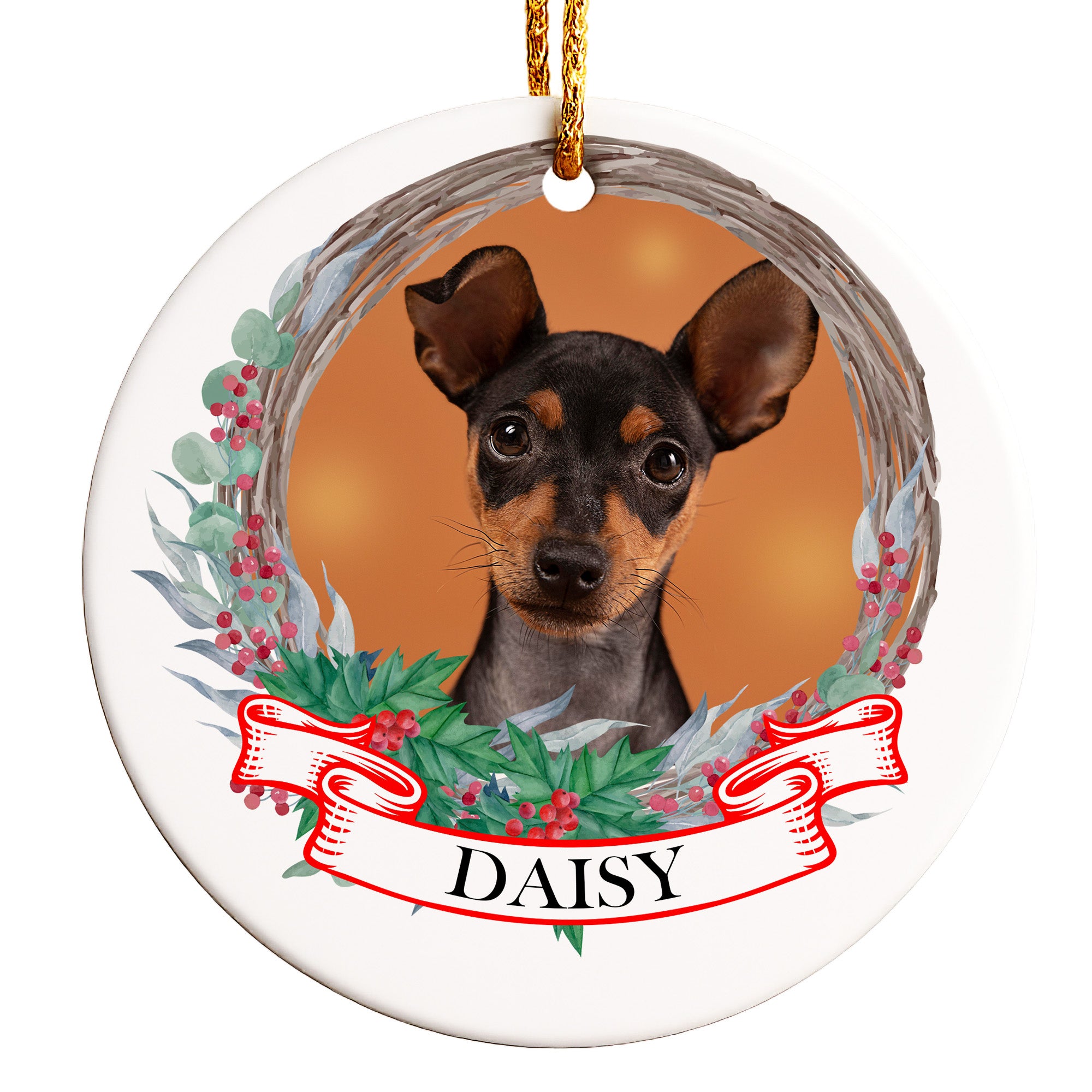 Personalized Ceramic Dog Photo Ornament with Festive Wreath Design – Perfect Pet Lover's Gift - Image 1