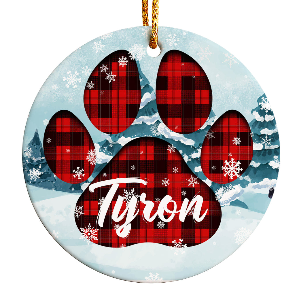 Personalized Paw Print Plaid Ceramic Ornament – Custom Pet Name, Holiday Decor Gift for Dog Lovers - Image 1