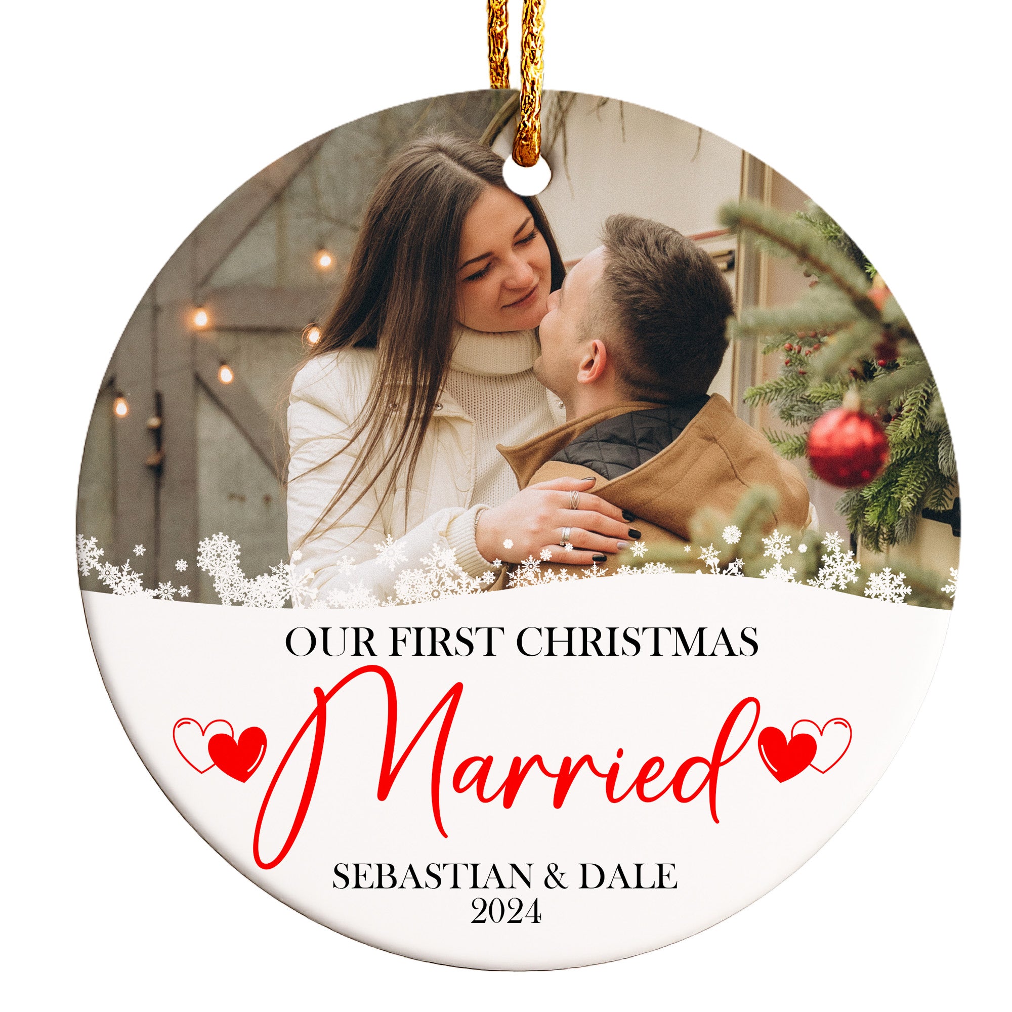 Personalized Our First Christmas Married Ceramic Ornament - Customizable Keepsake for Newlyweds, 2024 - Image 1