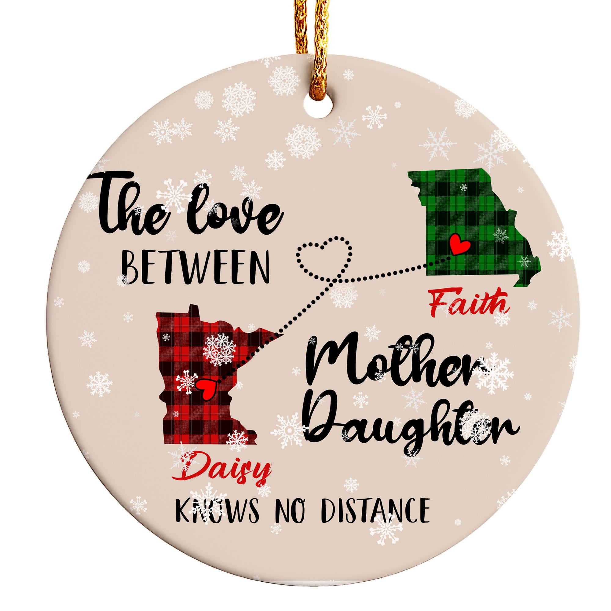 Personalized Mother Daughter State Ornament - Custom Plaid Design, Heartfelt Message, Perfect Gift for Holidays - Image 1