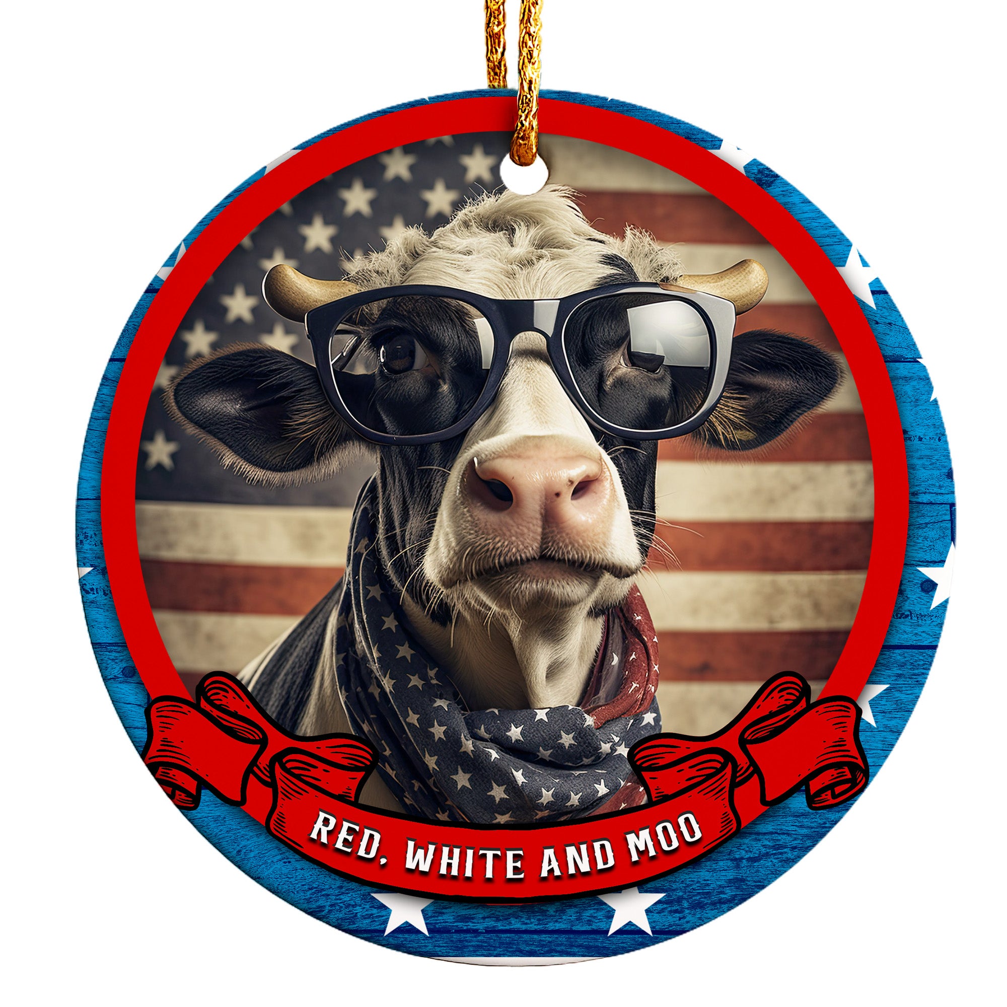 Patriotic Cow Ceramic Ornament - Red, White, and Moo! Personalized Décor for Animal Lovers - Image 1