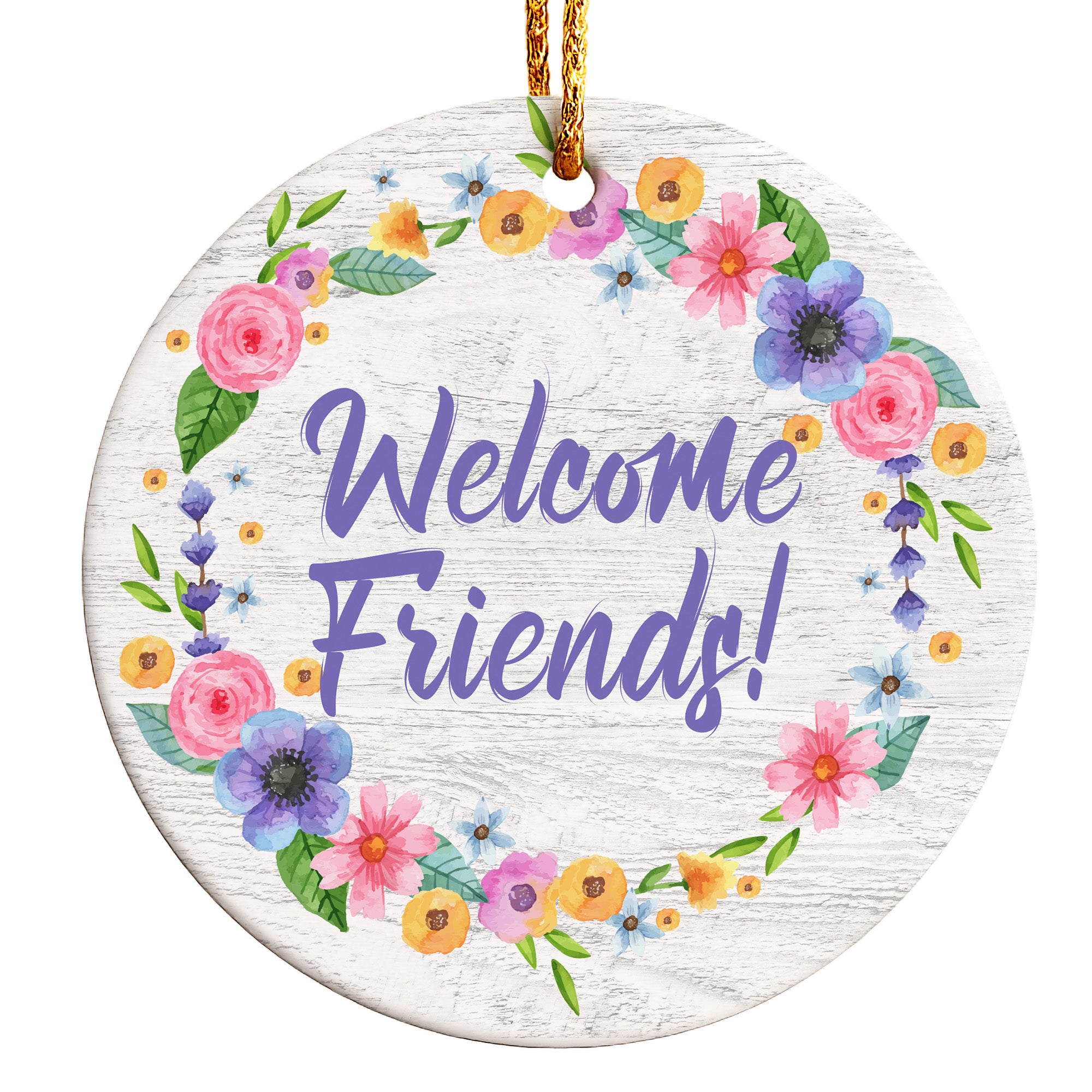 Personalizable "Welcome Friends!" Floral Ceramic Ornament - Handmade and Heartfelt Gift for All Occasions - Image 1