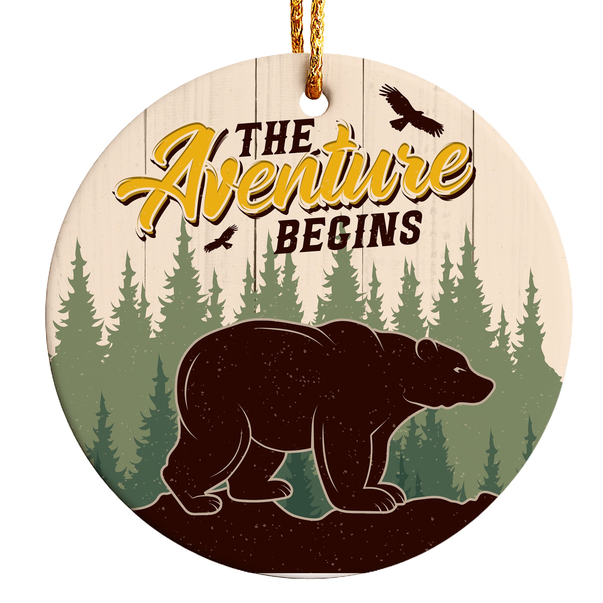 Personalized "The Adventure Begins" Ceramic Ornament - Forest Bear Design for Adventurous Spirits - Image 1
