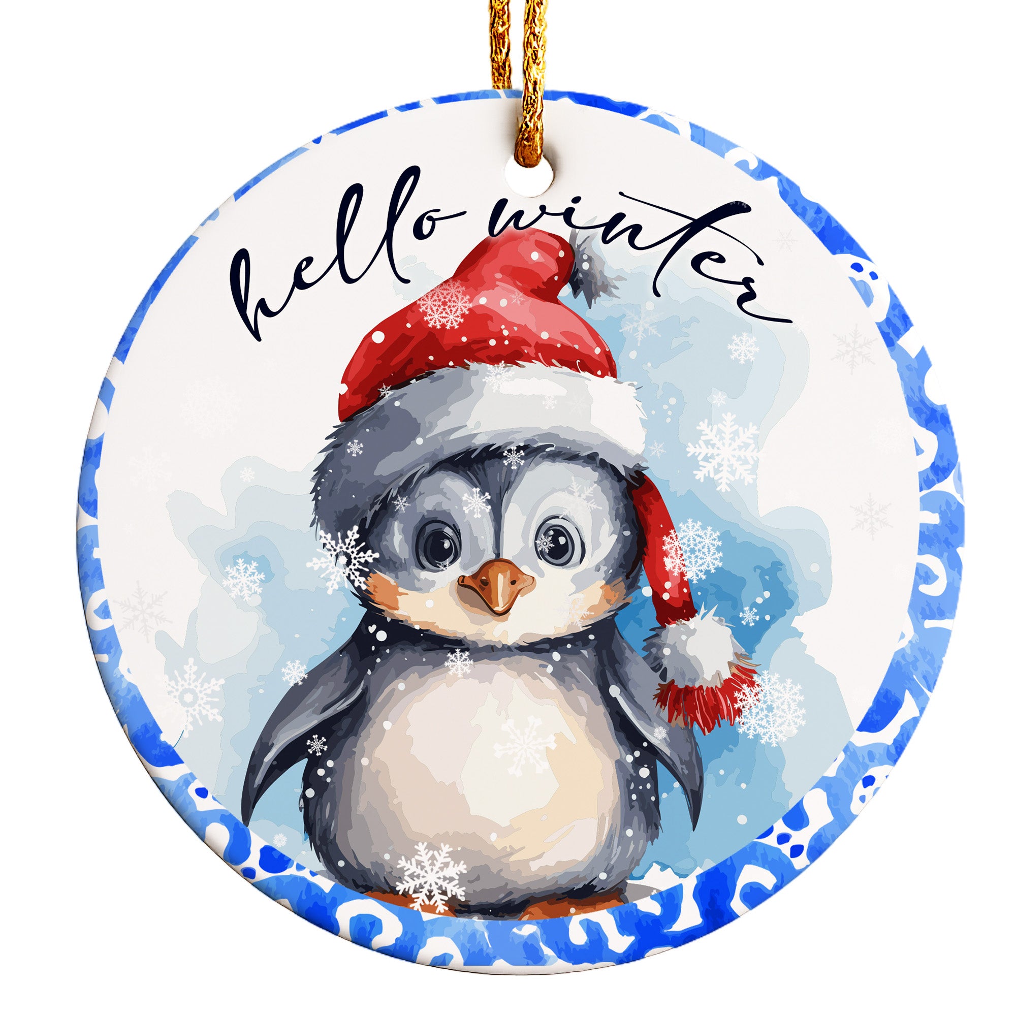 Personalized Winter Penguin Ceramic Ornament – Handcrafted Holiday Keepsake with Customizable Santa Hat and Snowflakes Design - Image 1