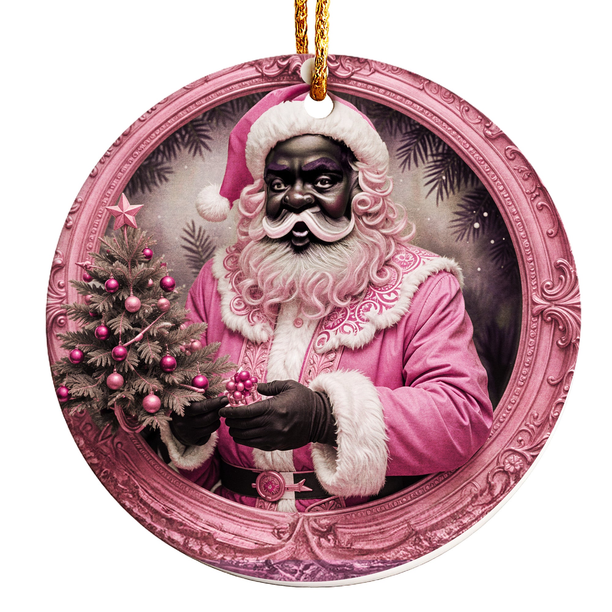 Personalized Handcrafted Black Santa Ceramic Ornament in Pink - Unique Christmas Decor & Perfect Gift - Image 1