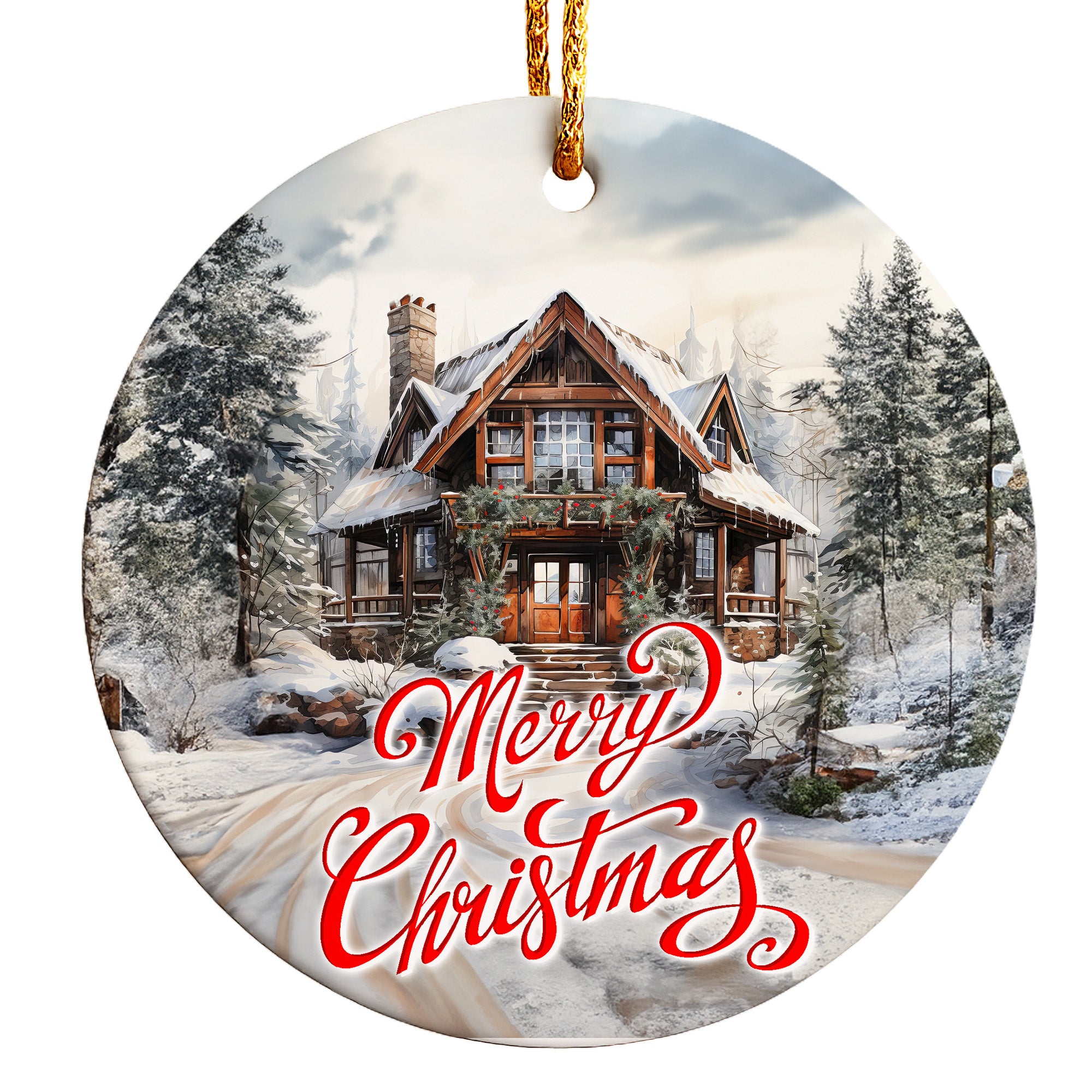 Personalized Merry Christmas Ceramic Ornament – Rustic Cabin Design with Snowy Forest for Perfect Holiday Decor and Heartfelt Gifts - Image 1