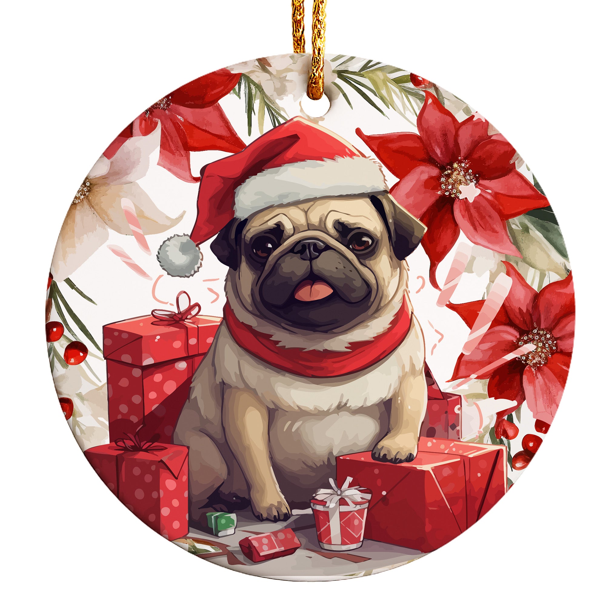 Personalized Pug in Santa Hat Holiday Ceramic Ornament - Handcrafted Christmas Decor with Custom Gift Message Option - Image 1