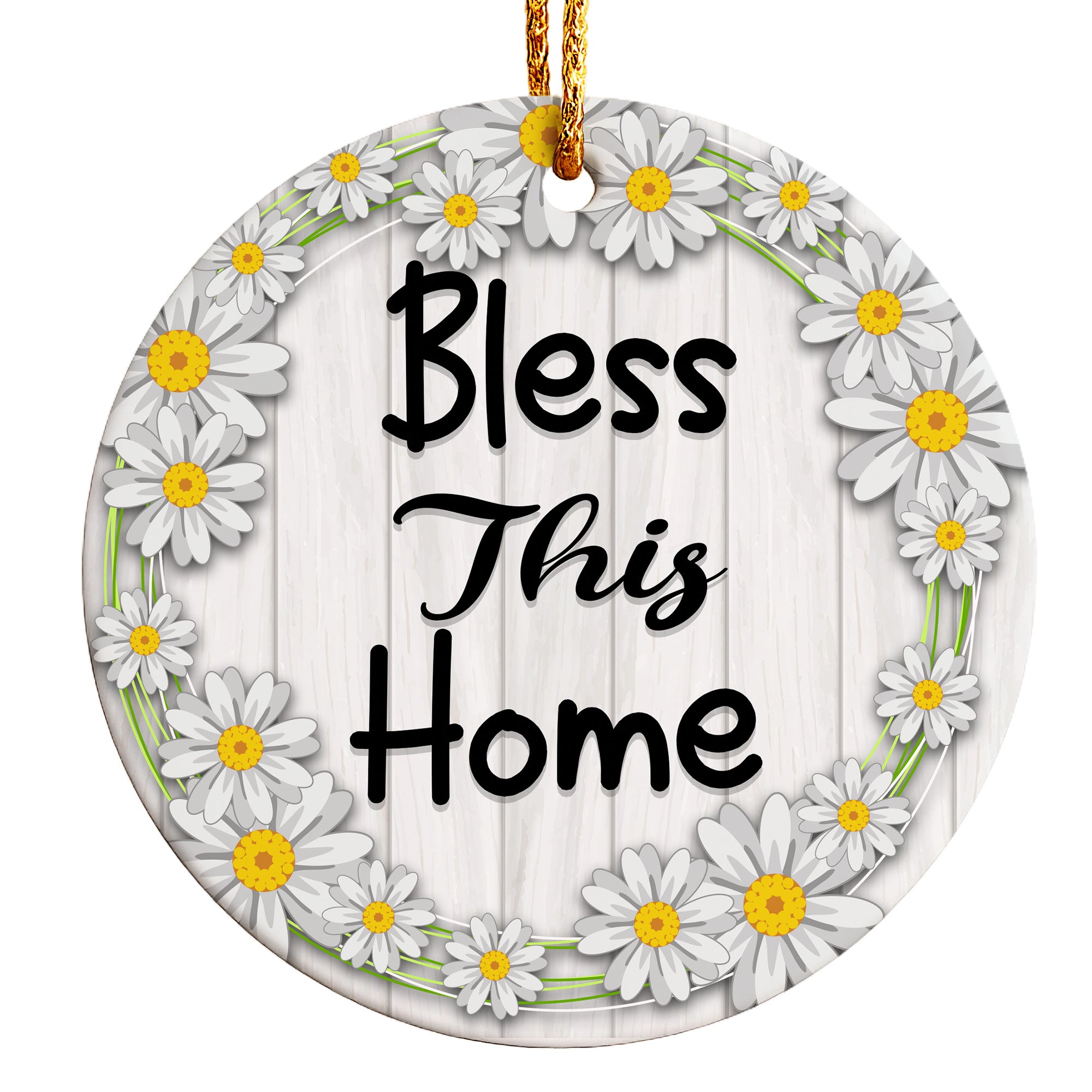 Personalized Daisy Wreath Ceramic Ornament - "Bless This Home" Rustic Charm for Every Room - Image 1