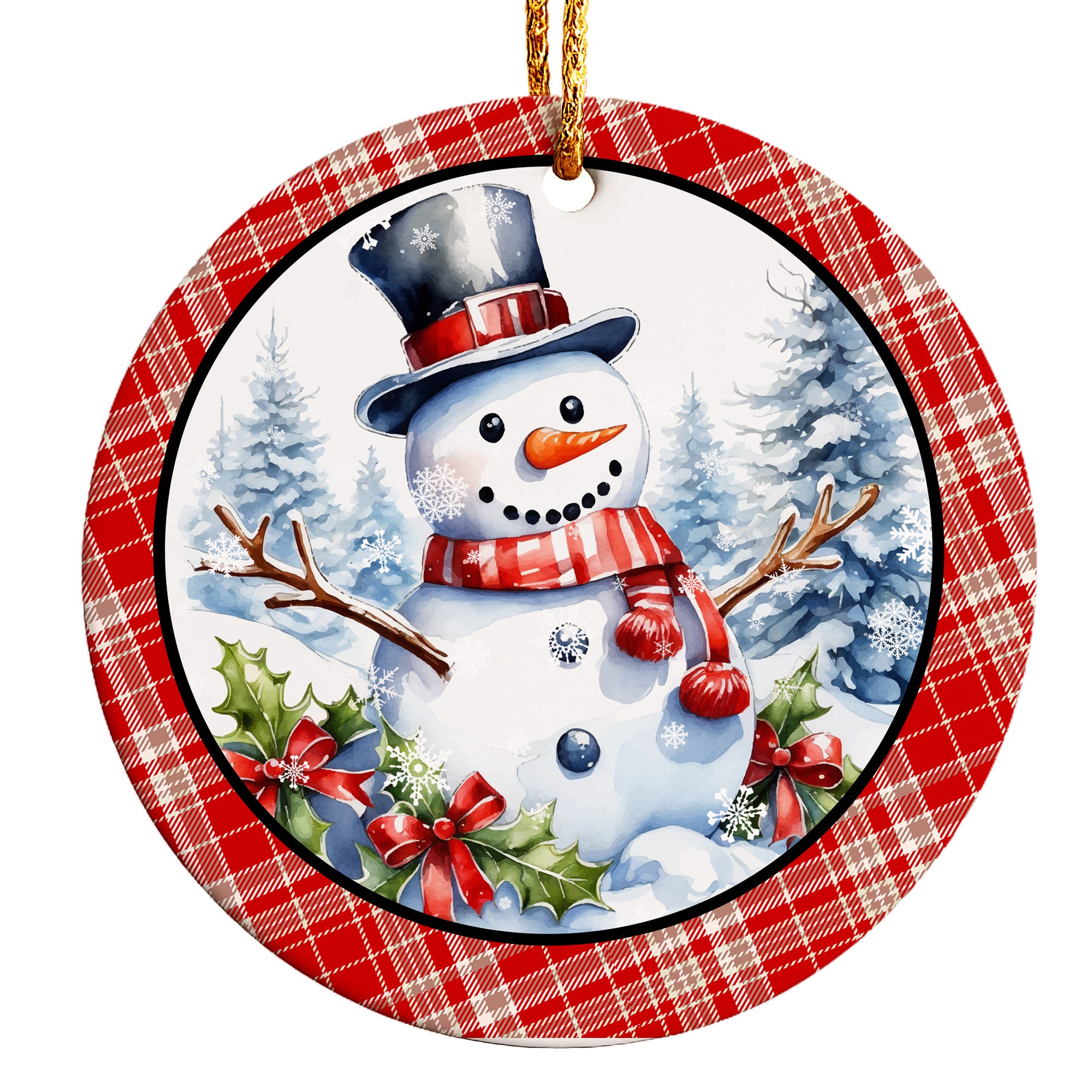 Personalized Snowman Ceramic Ornament - Customizable Holiday Keepsake with Festive Plaid Design - Image 1