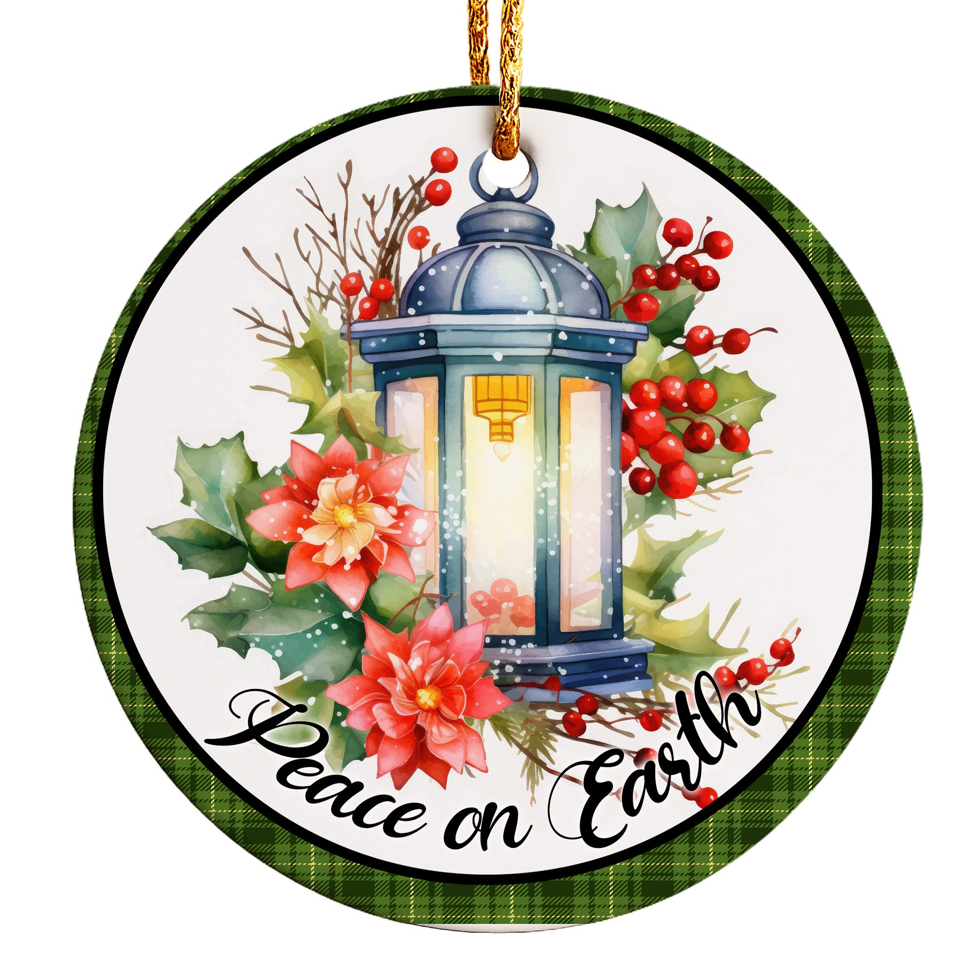 Personalized Ceramic Holiday Ornament with Lantern and Poinsettia - Handcrafted Christmas Gift for Peaceful Celebrations - Image 1