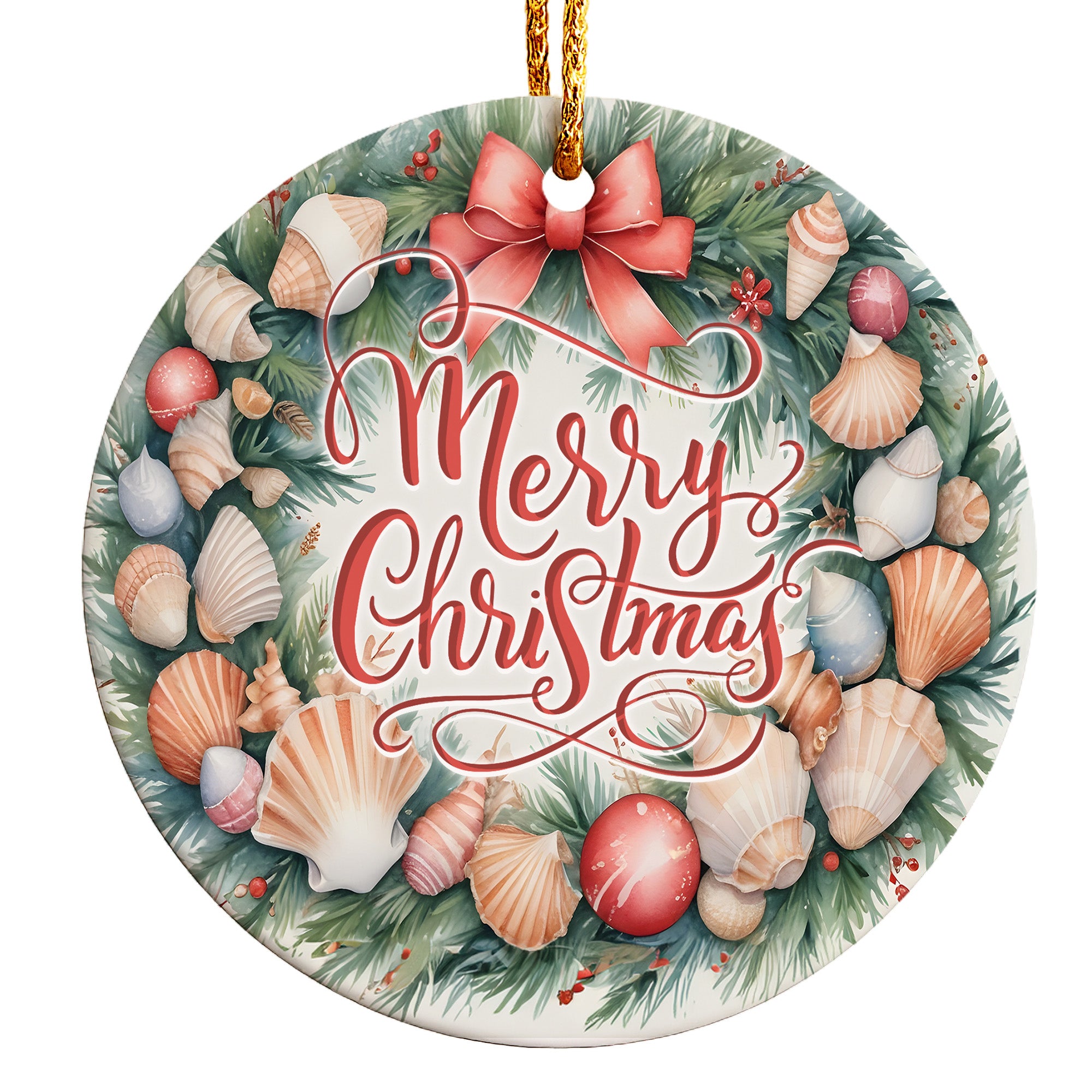 Personalized Merry Christmas Ceramic Ornament – Ocean Inspired Seashell Wreath with Festive Holiday Greeting - Image 1